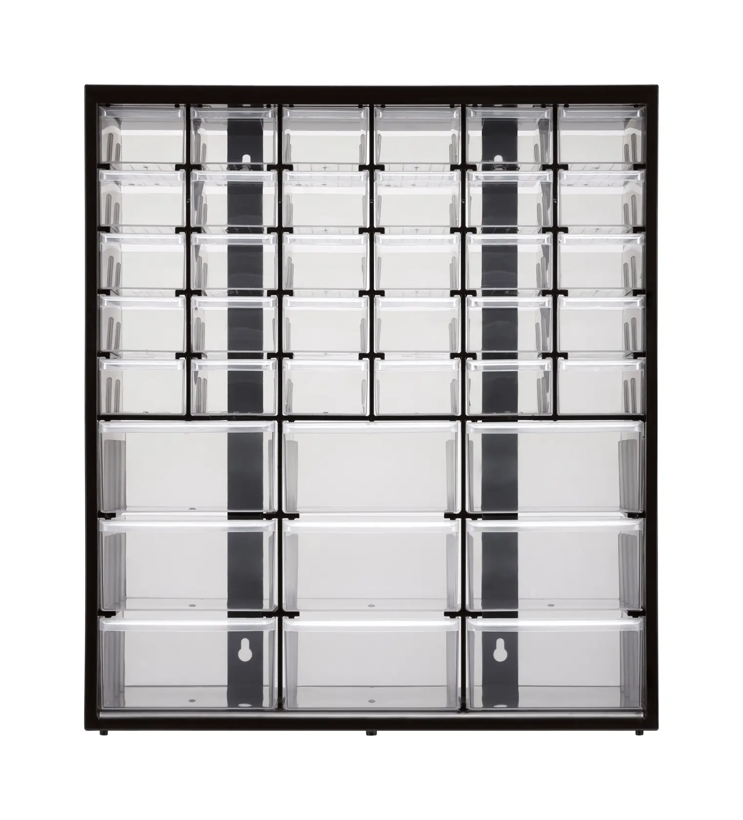 STANLEY 1-93-981 storage cabinet with 30 clear drawers, front angle photo, black frame.