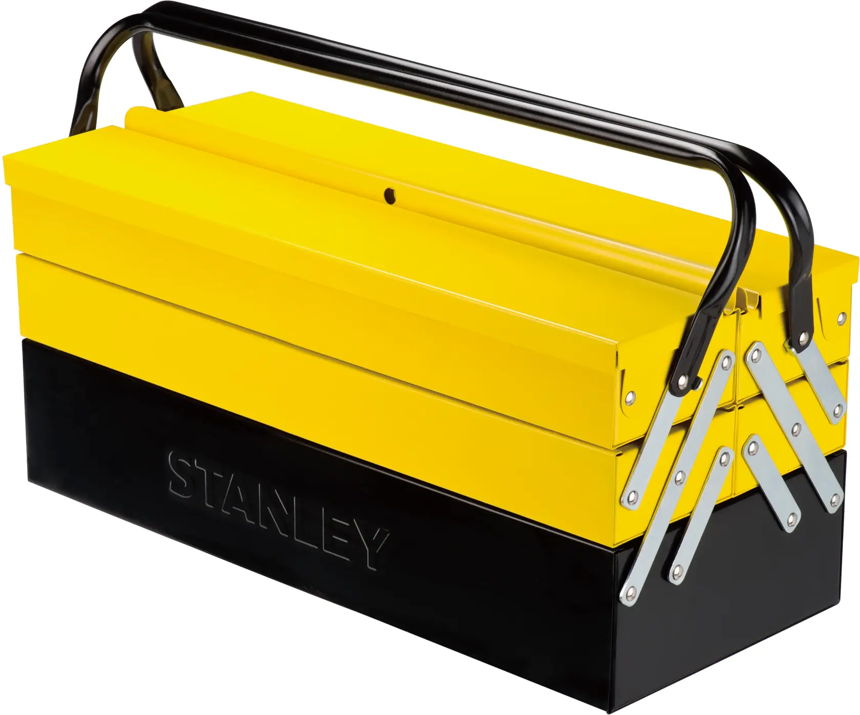 STANLEY 1-94-738 metal toolbox, yellow and black, side view, with handle, photography on white background.