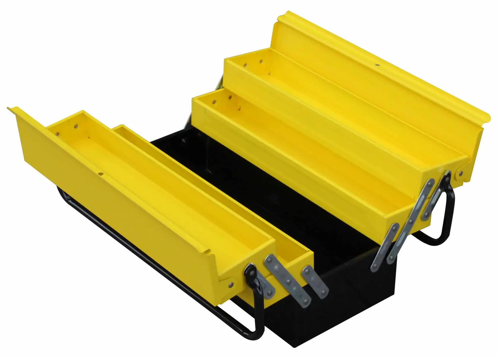 STANLEY 1-94-738 yellow metal cantilever toolbox open, angled view on white background.