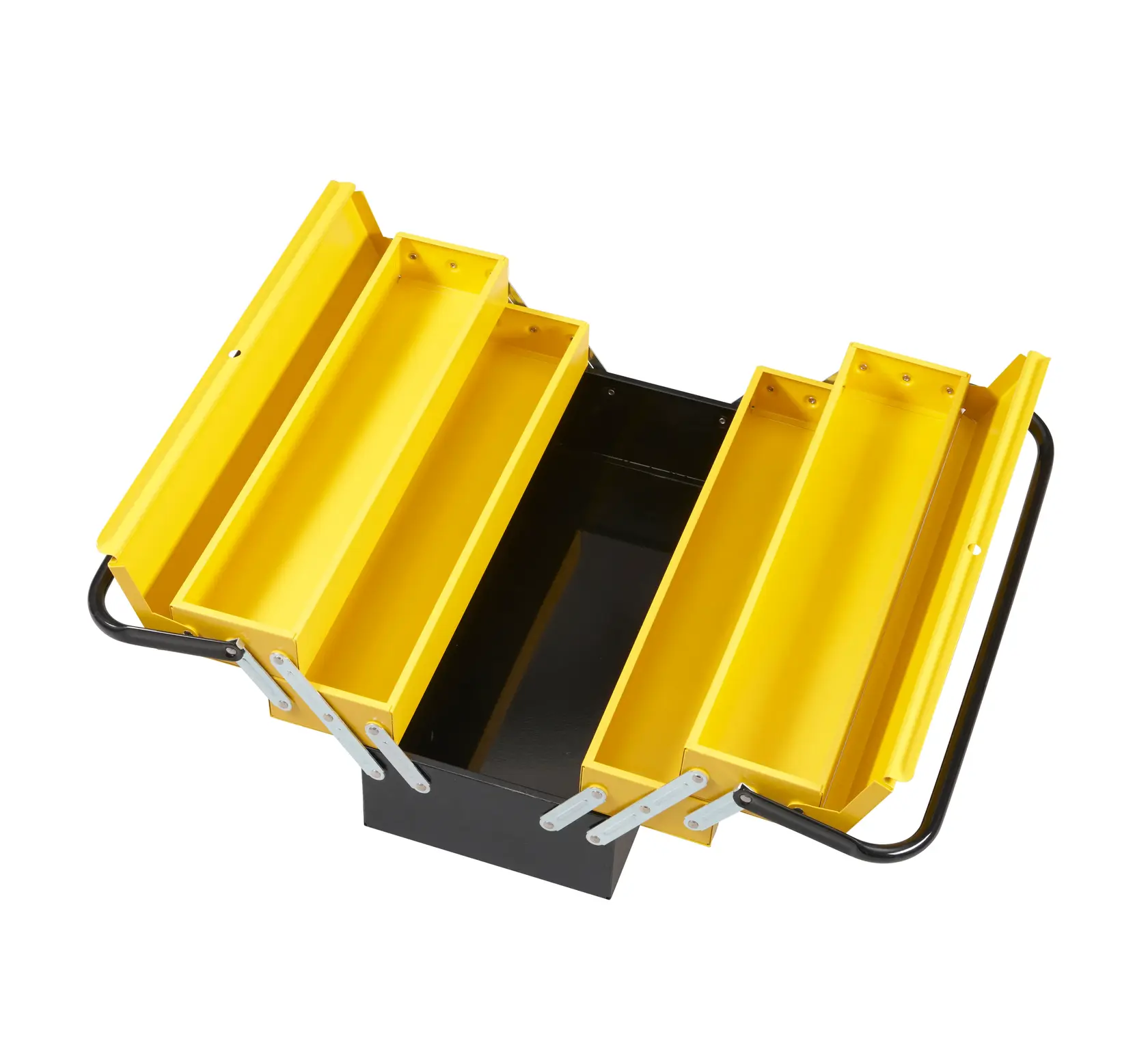 STANLEY 1-94-738 metal tool box with yellow trays, top angle on white background.