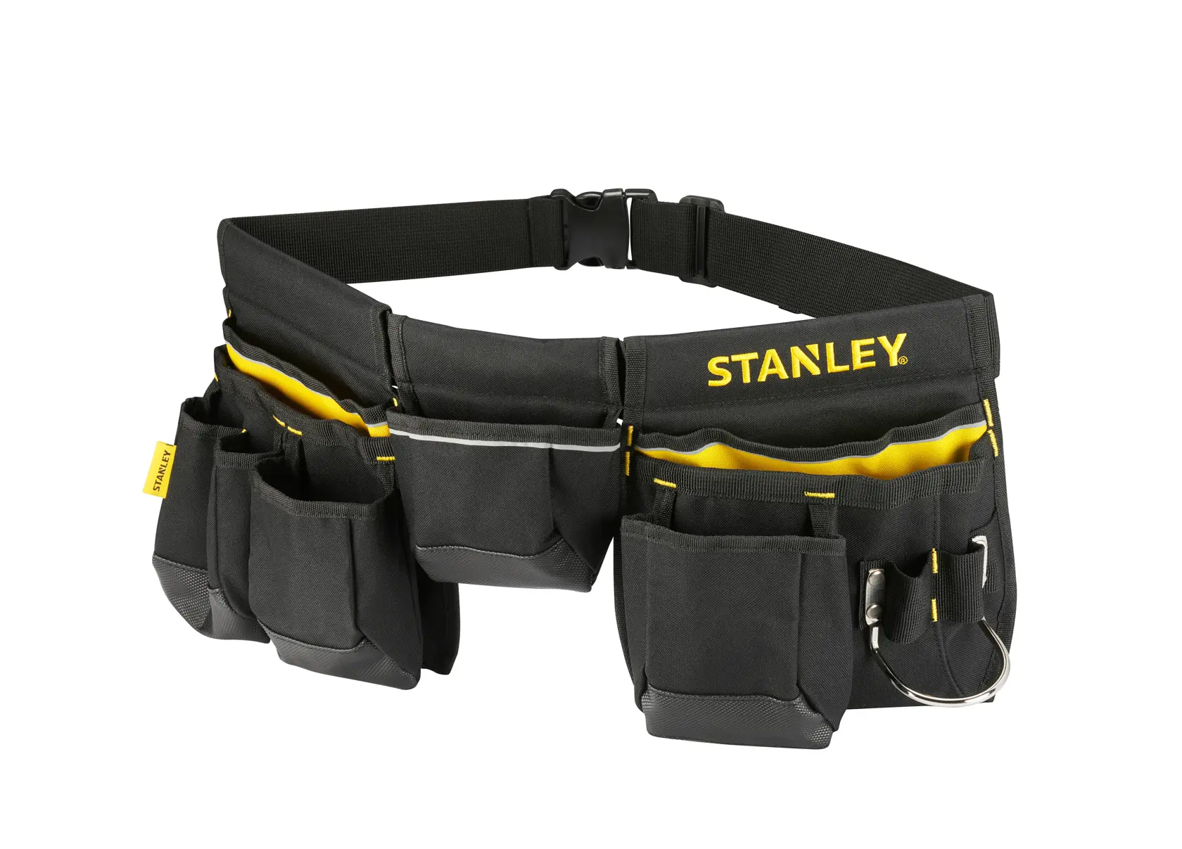 STANLEY 1-96-178 Werkzeuggürtel mit mehreren schwarzen und gelben Taschen, Vorderansicht, auf weißem Hintergrund.