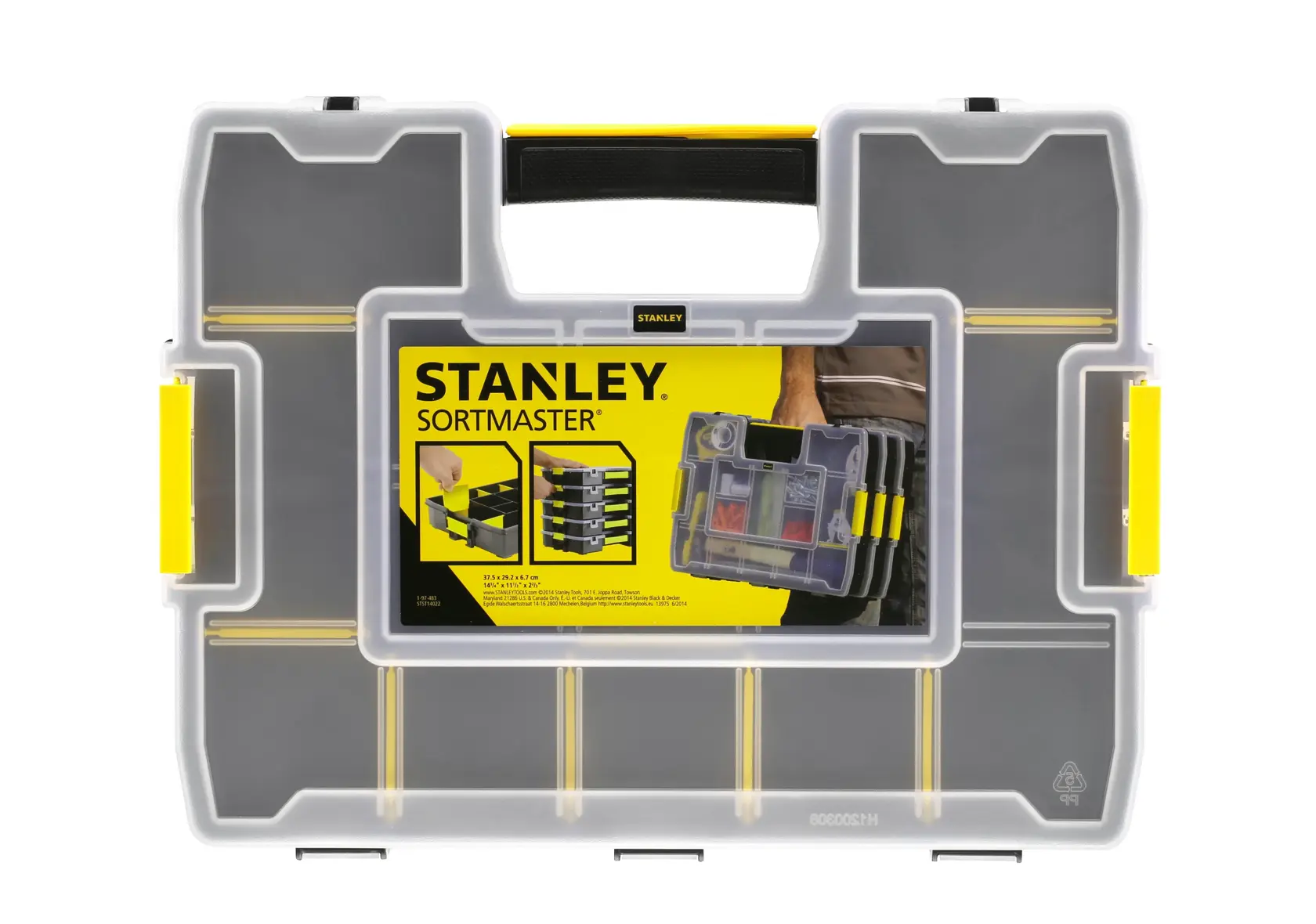 STANLEY 1-97-483 Kunststoff-Organizerbox mit durchsichtigem Deckel, schwarzem Boden und gelben Verschlüssen, Frontansicht.