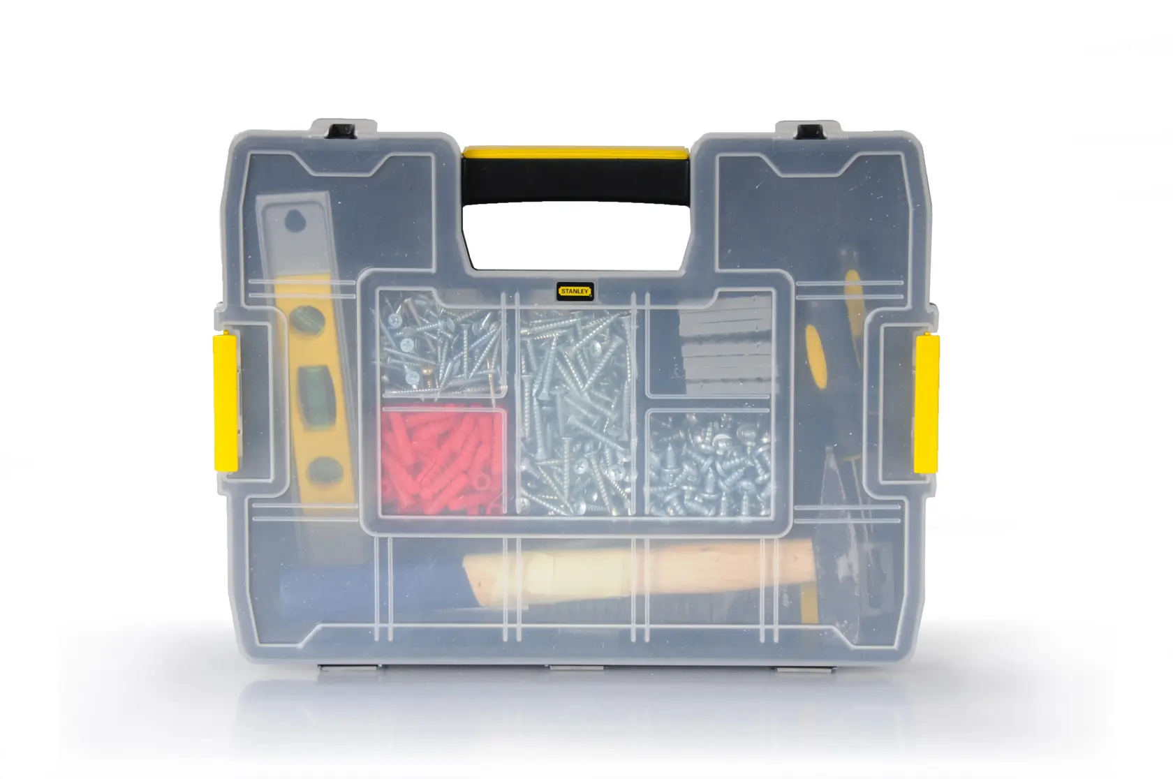 STANLEY 1-97-483 Organizerbox mit durchsichtigem Deckel, Fächer mit Schrauben, Dübeln und kleinem Werkzeug, Vorderansicht.