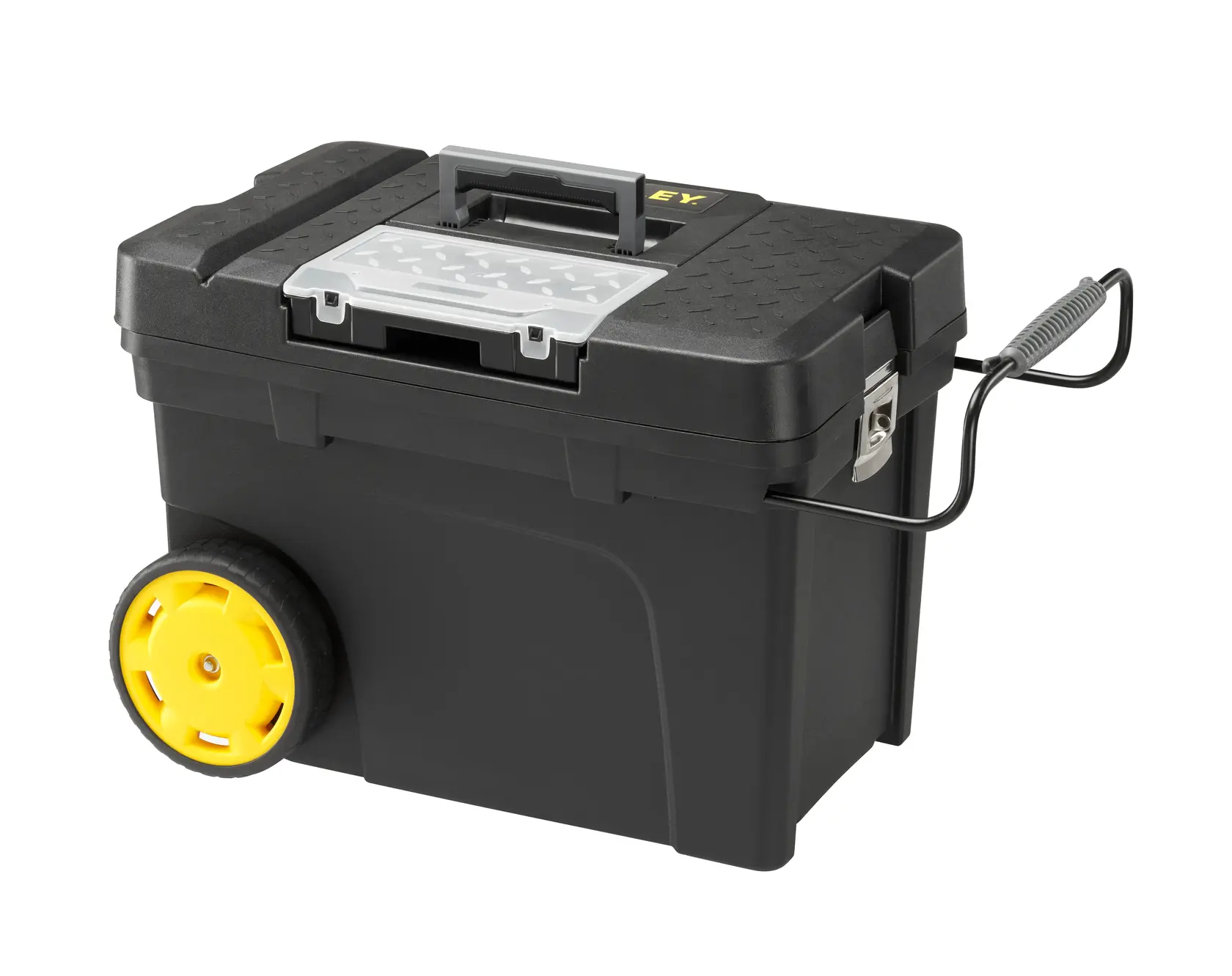 STANLEY 1-97-503 rolling toolbox, black with yellow wheels, front angle, sturdy handle and side latch.