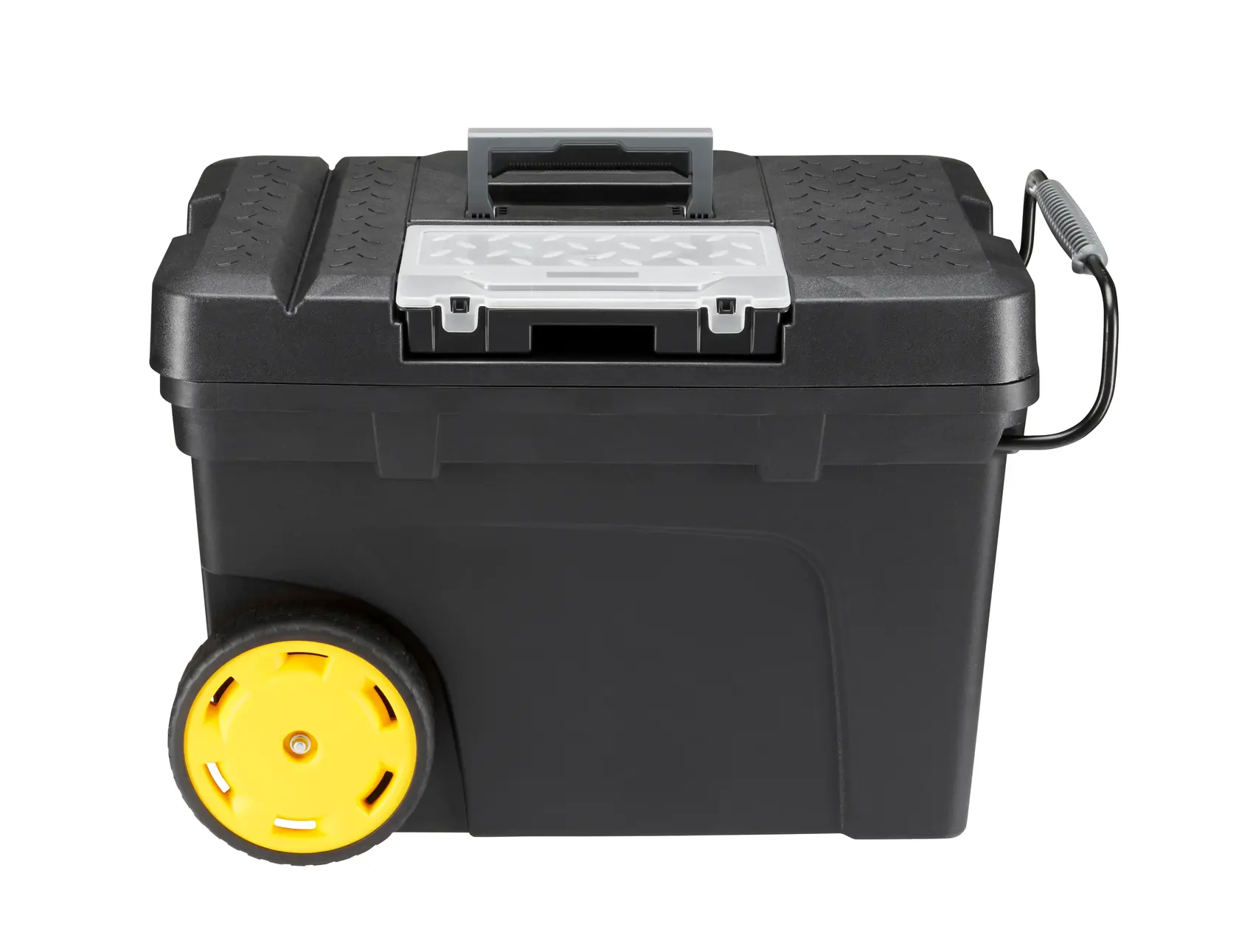 STANLEY 1-97-503 black wheeled toolbox with yellow wheels, top handle, and organizer, front angle.