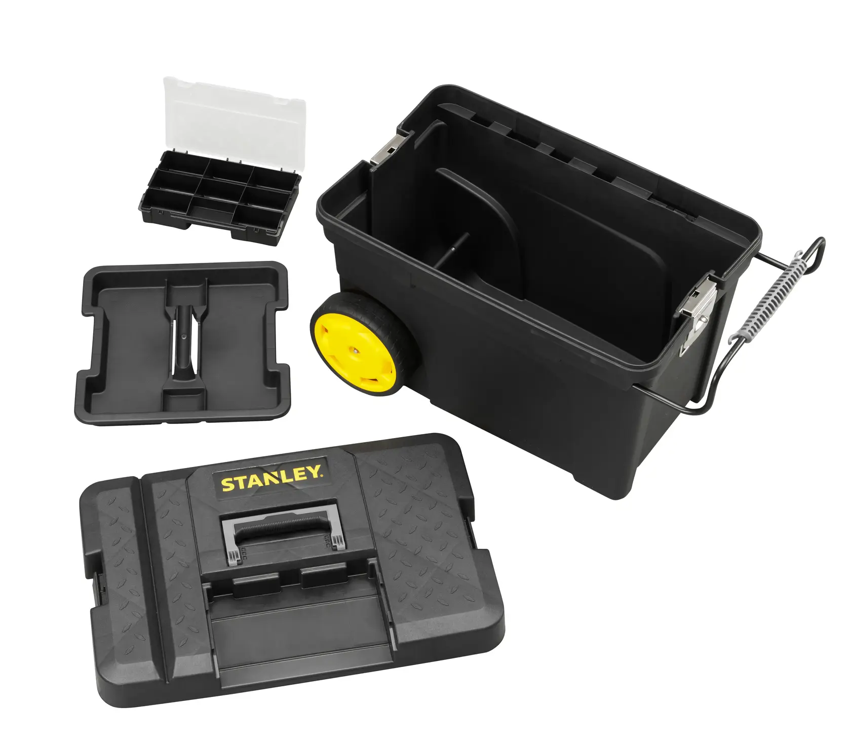STANLEY 1-97-503 black wheeled toolbox with yellow wheels, removable tray, and small organizer, white background.