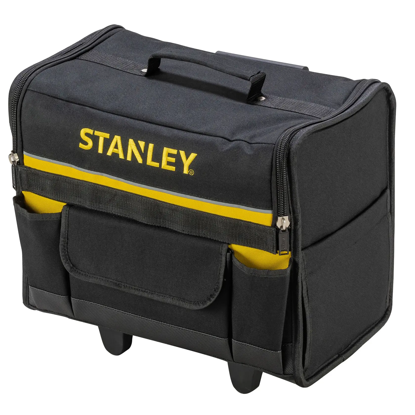 STANLEY 1-97-515 Werkzeugtasche mit Griff, schwarzes Stoff, gelber Streifen, Frontansicht.