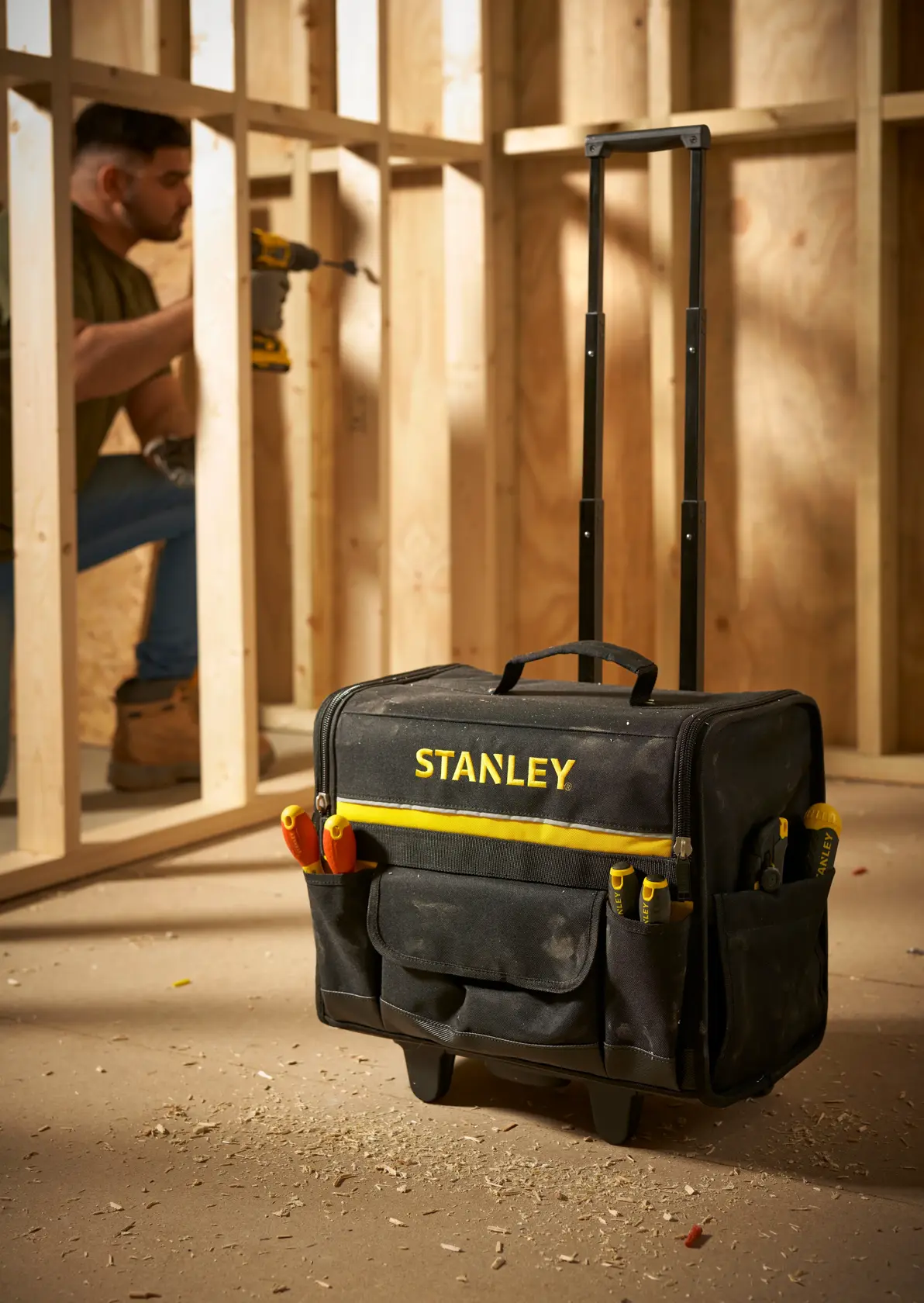 STANLEY 1-97-515 Rollwerkzeugtasche mit Teleskopgriff auf Baustelle, Vorderansicht.