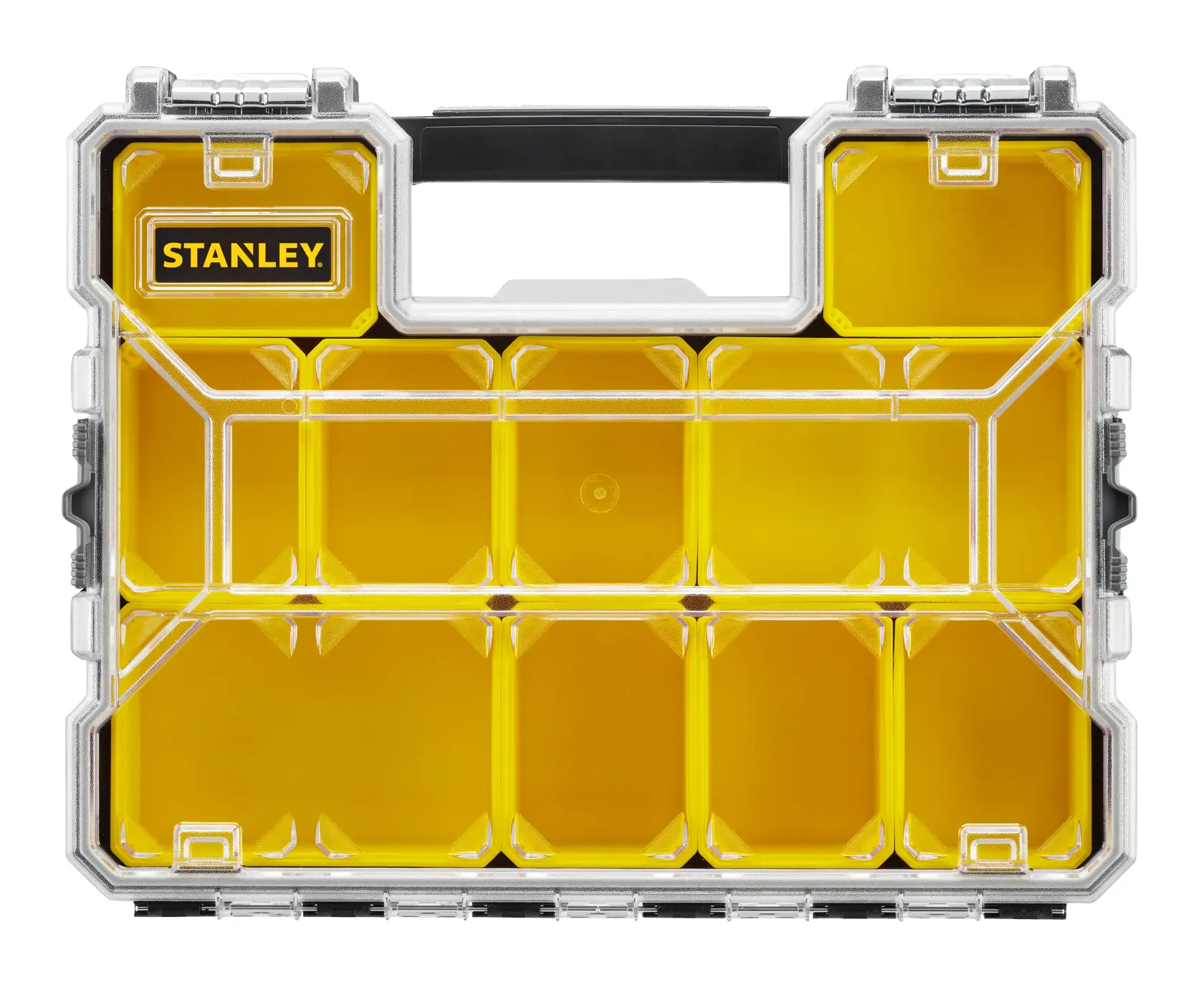 STANLEY 1-97-517 organizer with yellow compartments, front angle, clear lid, black handle.