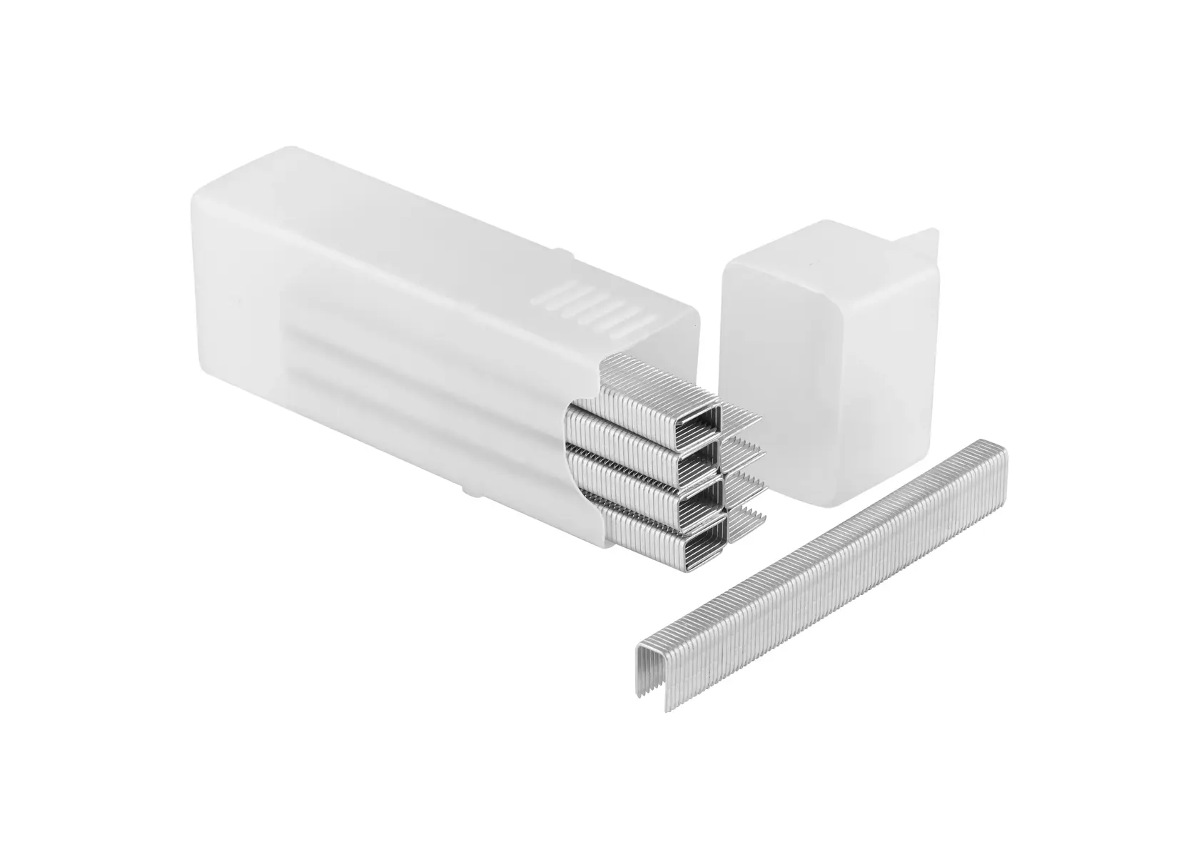 Box of metal staples with opened case and several staple strips displayed on a white background.