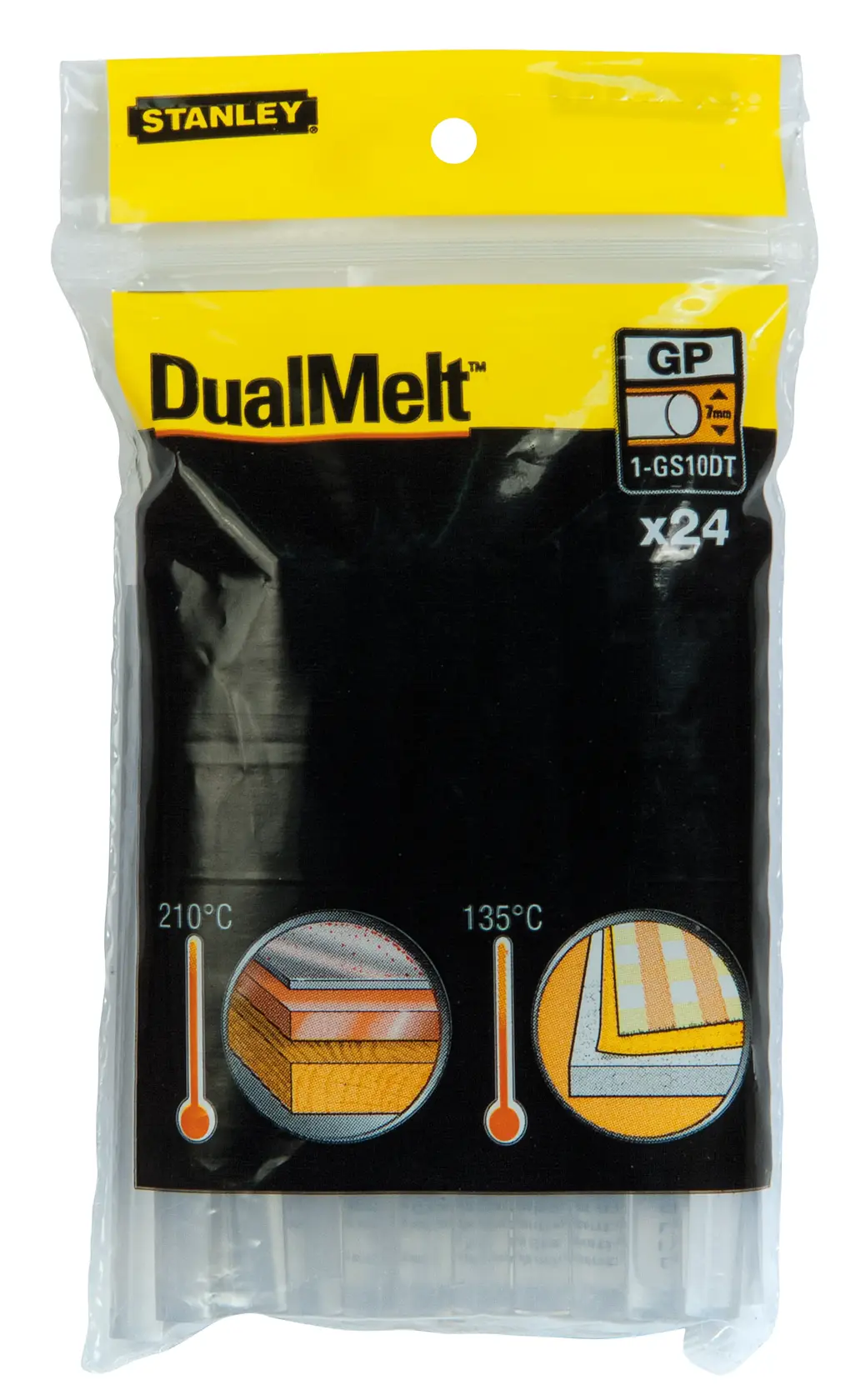 STANLEY DualMelt glue sticks pack, SKUs GS10DT, 1-GS10DT, product photography, front angle, 24 sticks, yellow-black.