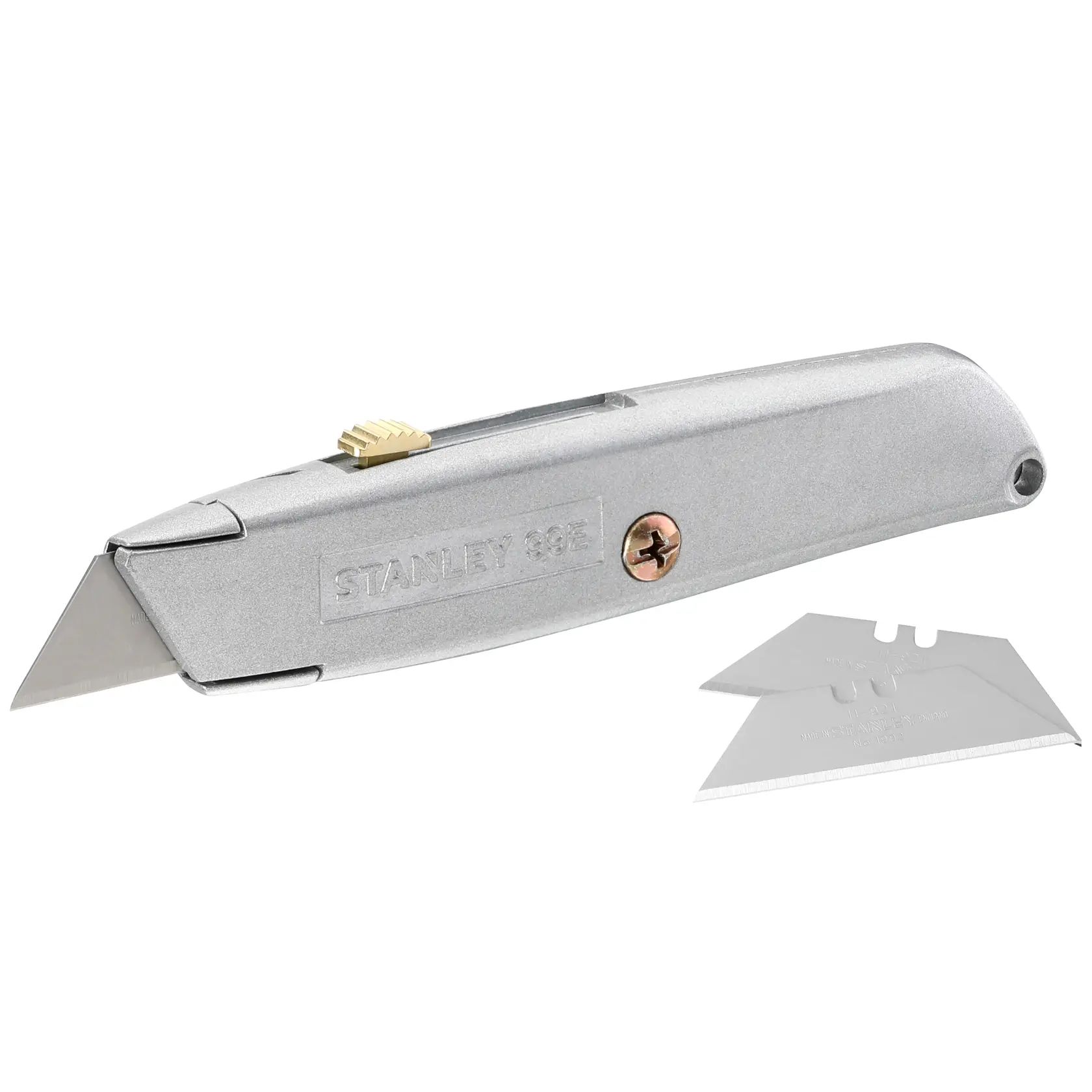 STANLEY 2-10-099 silbernes Universalmesser mit herausstehender Klinge und zwei Ersatzklingen, Produktfoto im Winkel.