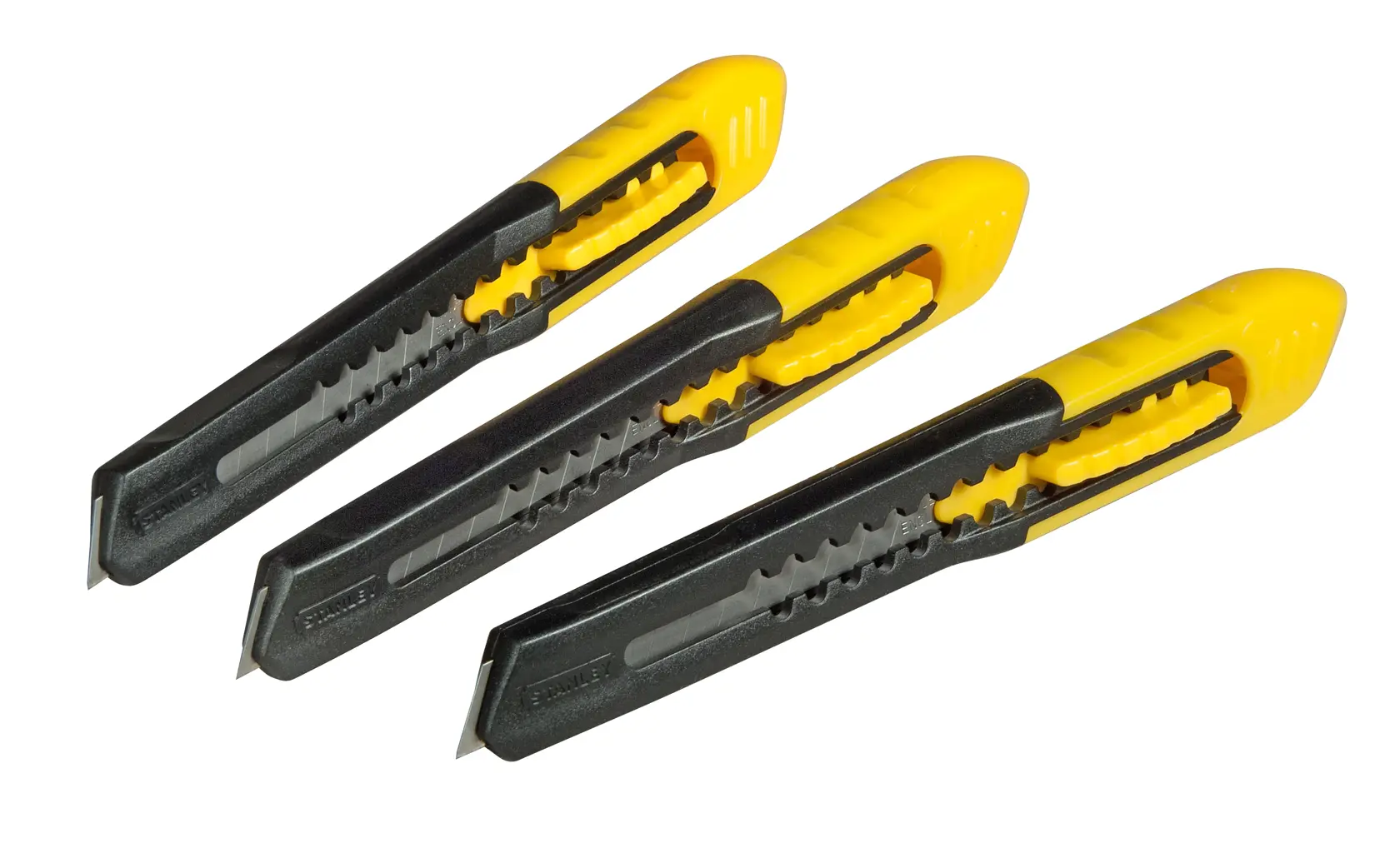 Photo of three STANLEY 2-10-150 utility knives with yellow and black handles, angled on white background.