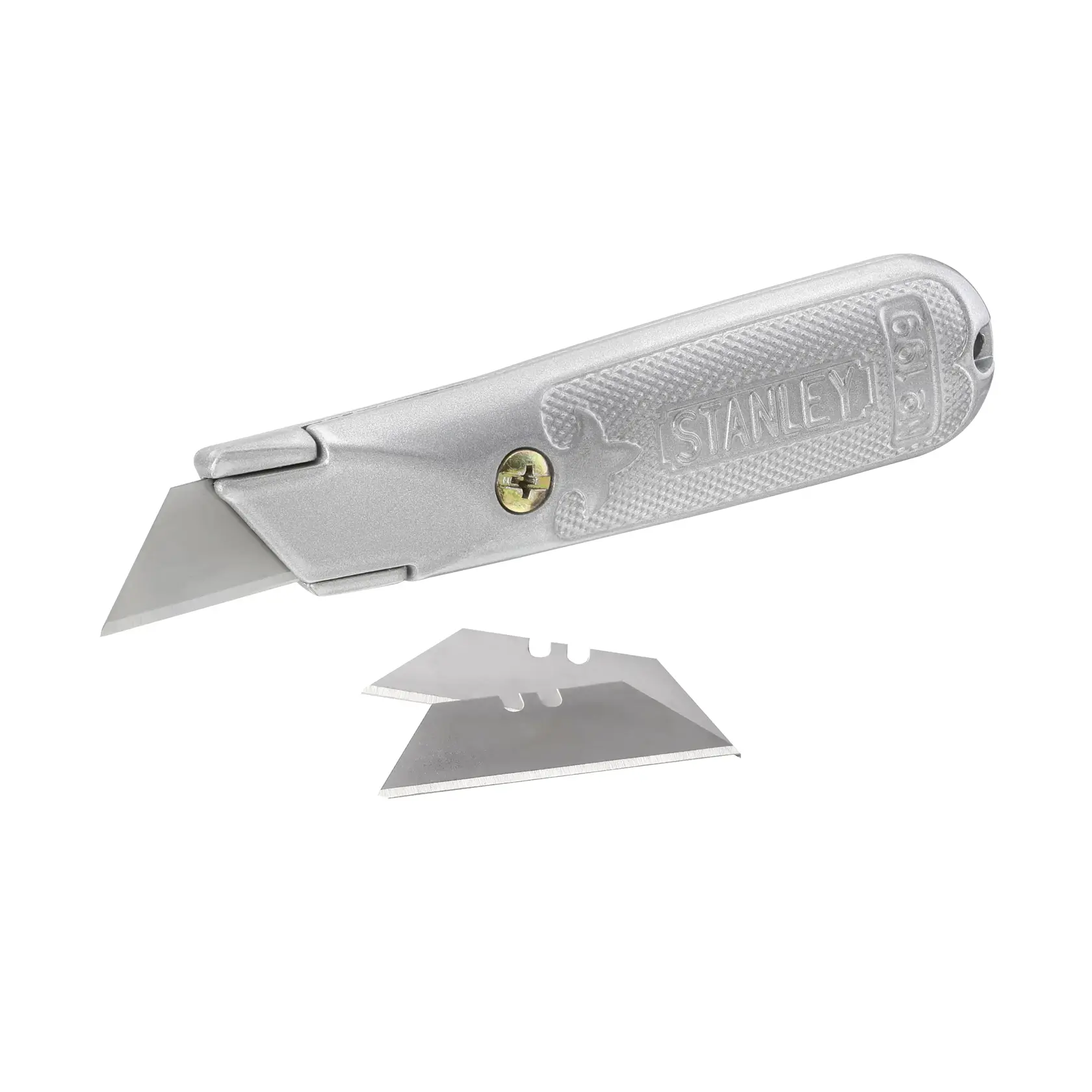 STANLEY 2-10-199 Universalmesser mit silbernem Griff und zwei Ersatzklingen, Seitenansicht.