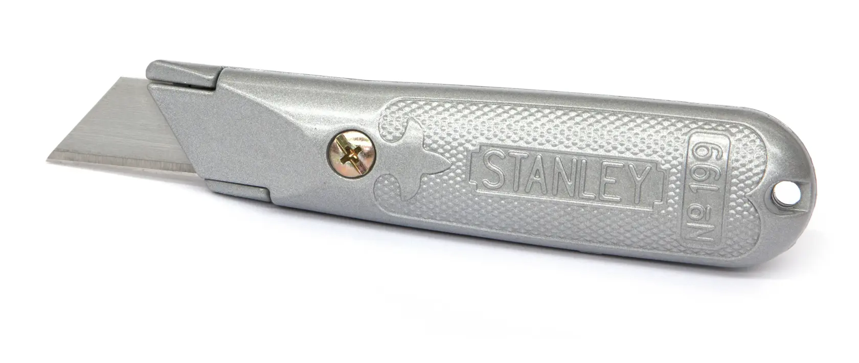 STANLEY 2-10-199 silbernes Universalmesser mit strukturierter Griff, Seitenansicht auf weißem Hintergrund.