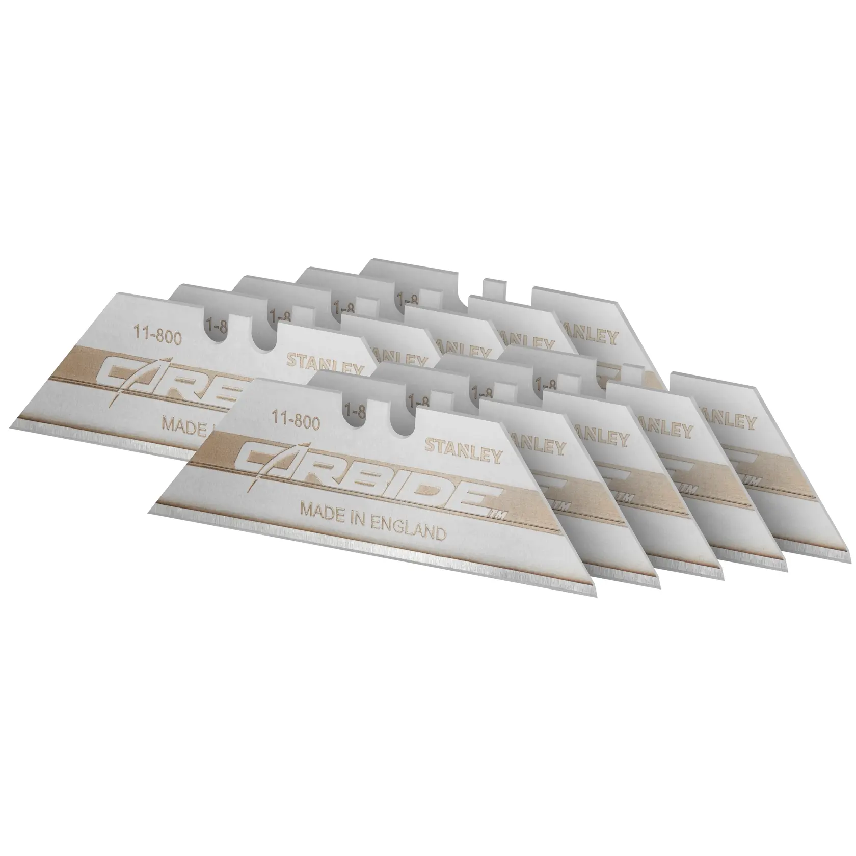 Stanley 11-800 carbide utility blades arranged in a fan shape. Blades are silver with gold labeling.
