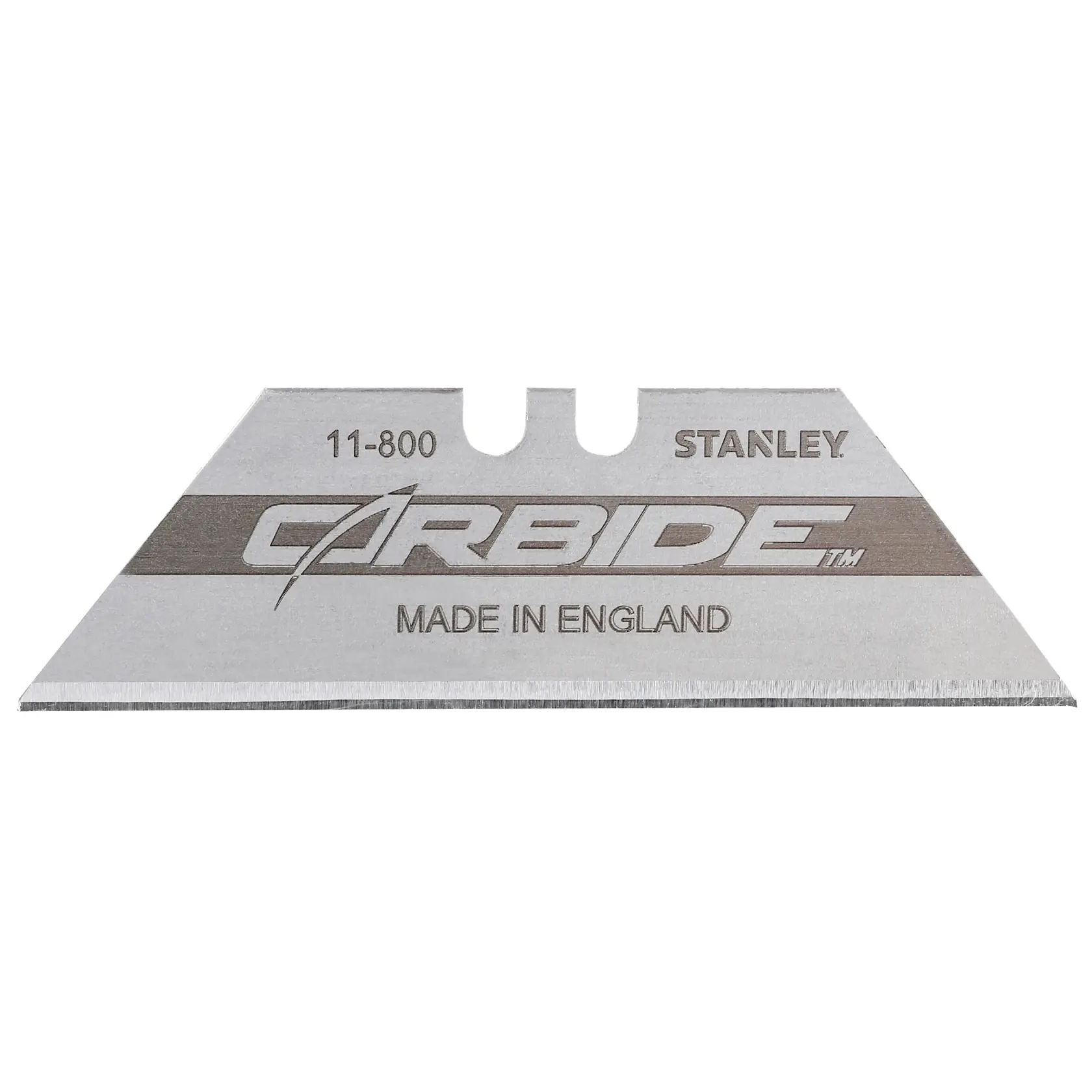 STANLEY 2-11-800 utility knife blade, silver, straight edge, carbide, front view on white background.