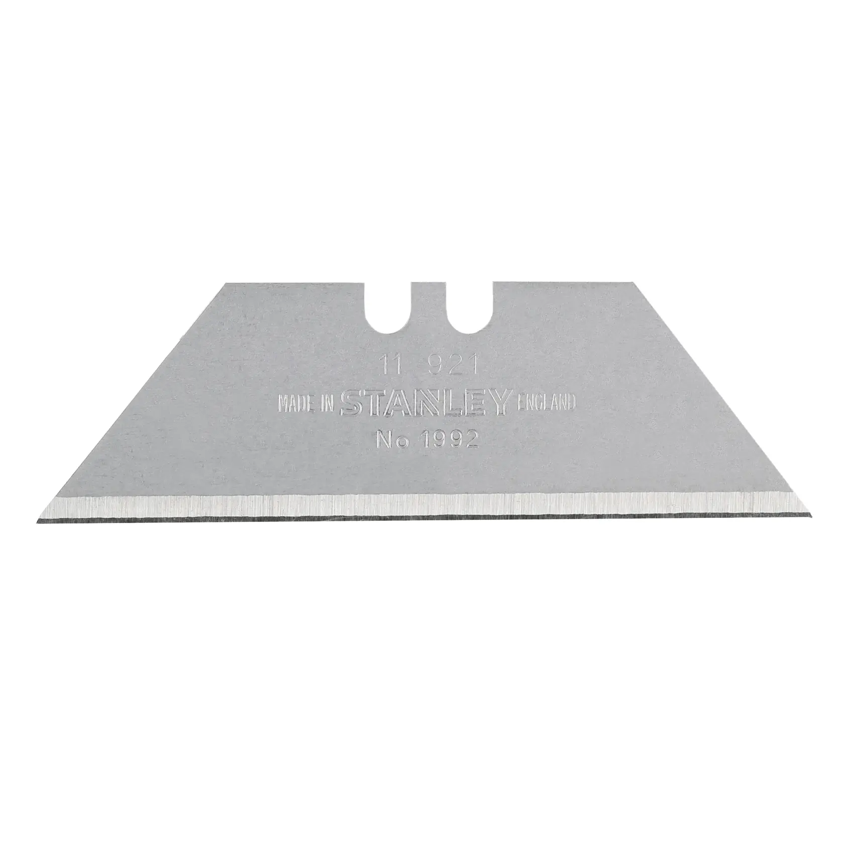STANLEY 2-11-921 utility knife blade, silver, with straight edge on white background, front angle.