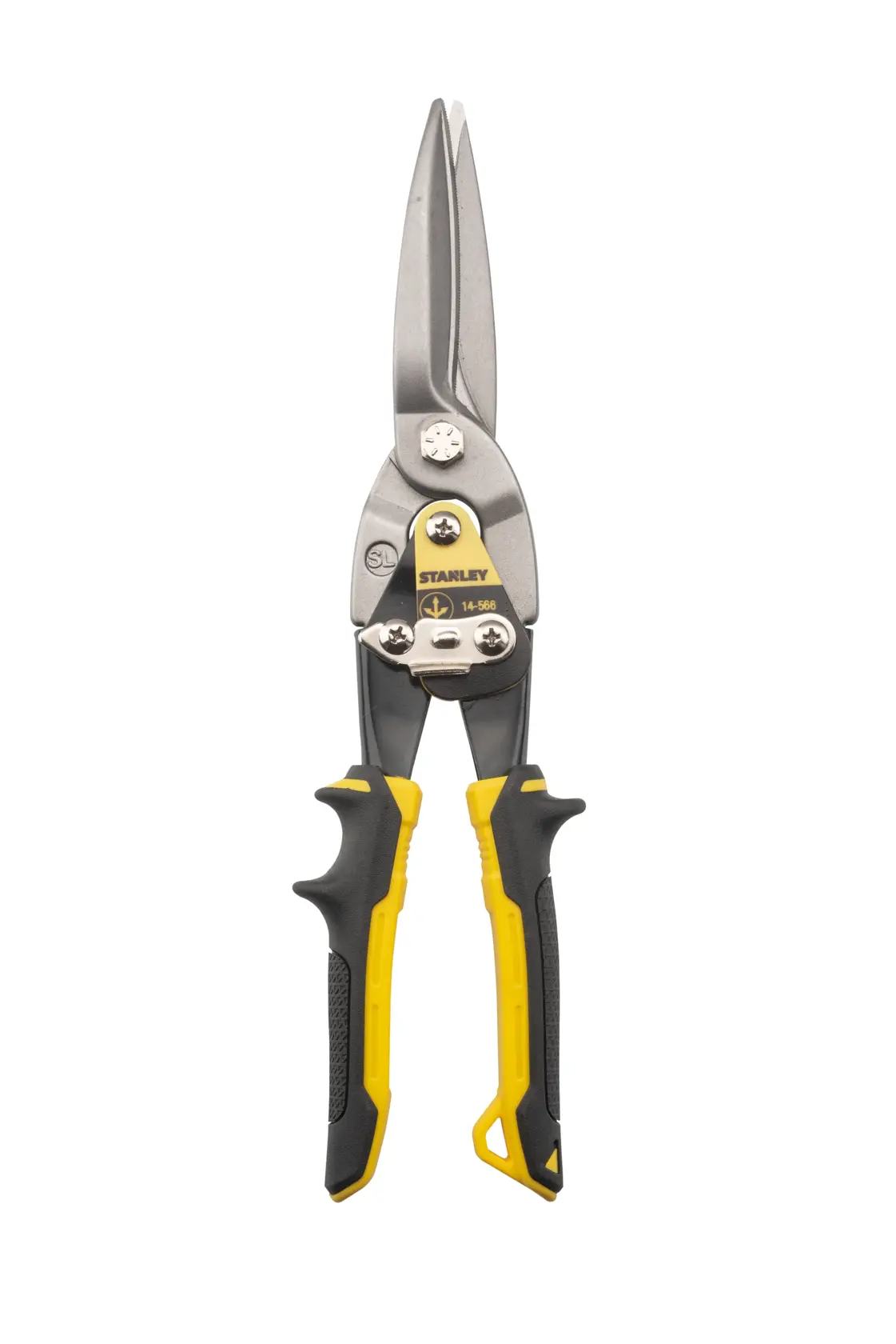 STANLEY 2-14-566 aviation snips, gray blade and yellow handles, top angle photo on white background.