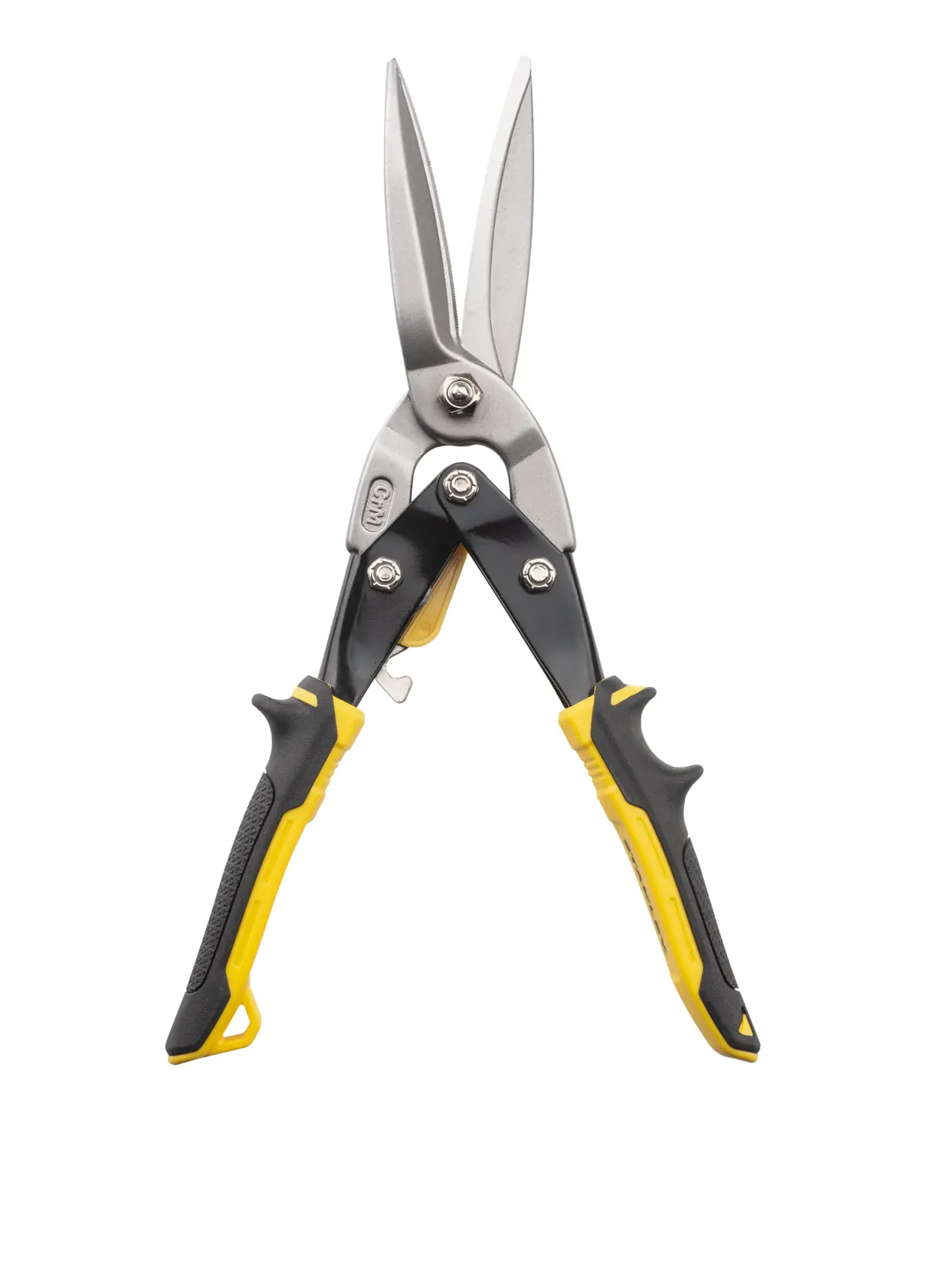 Stanley aviation snips with yellow and black handles, suitable for cutting sheet metal.
