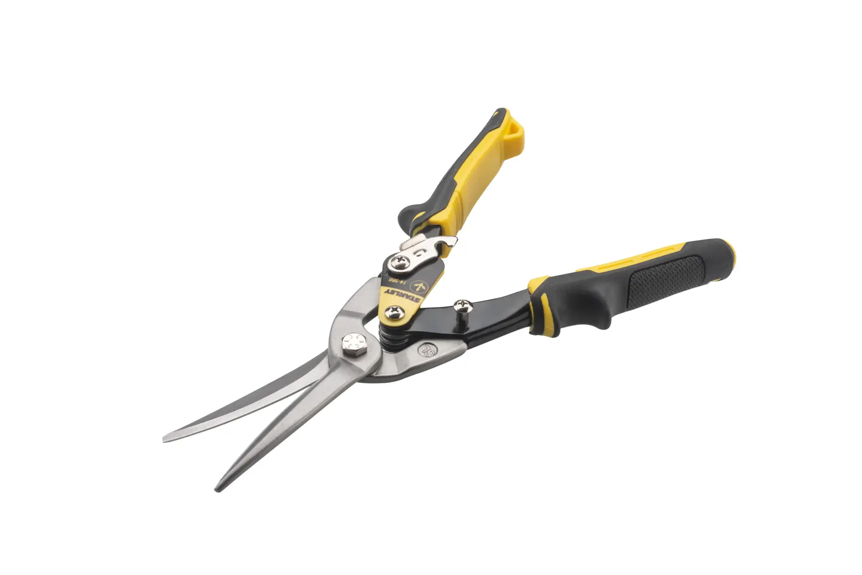 STANLEY 2-14-566 aviation snips, gray blade and yellow handles, top angle photo on white background.