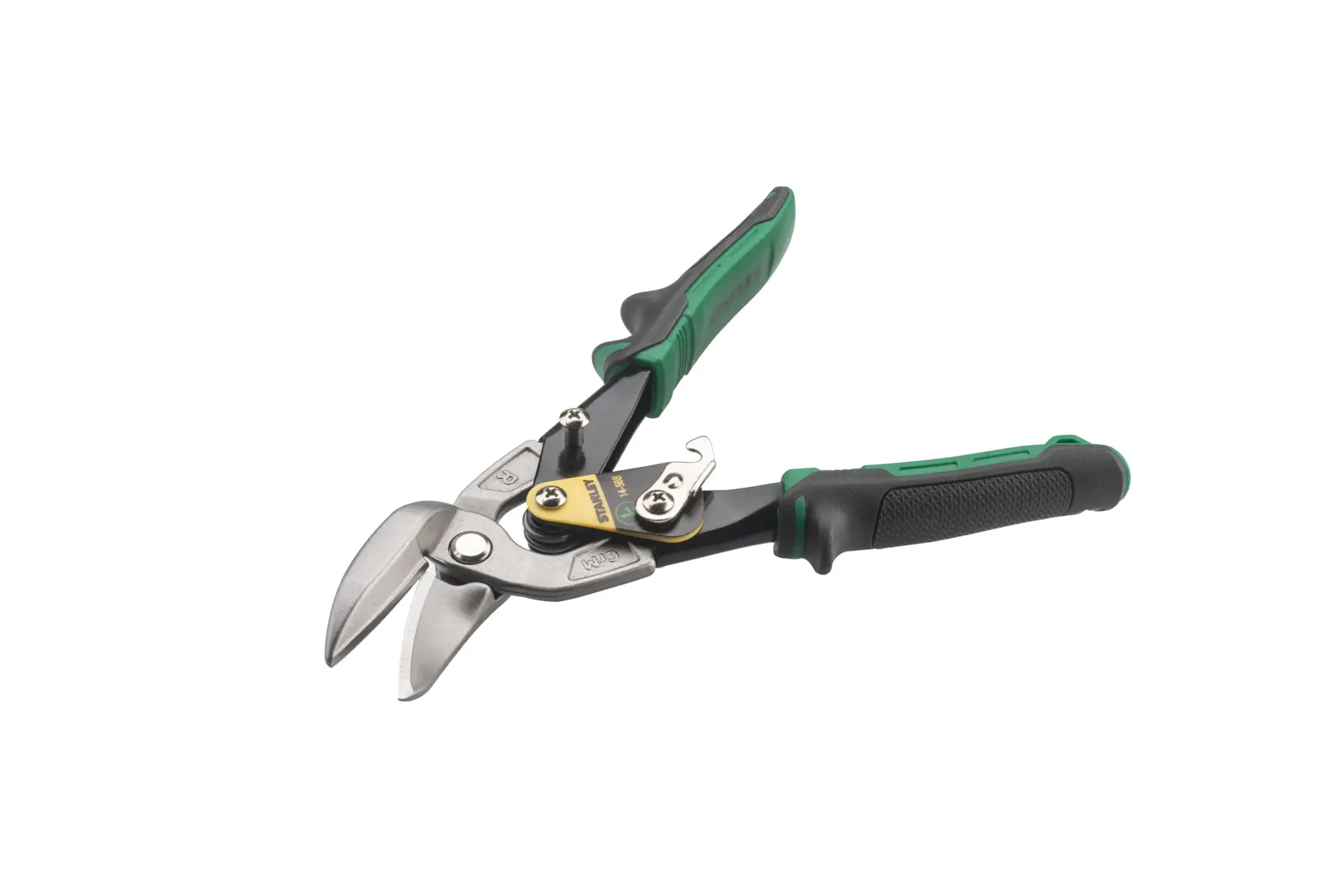 Cisailles aviation Stanley FatMax à poignées noires et vertes pour couper du métal en feuille.