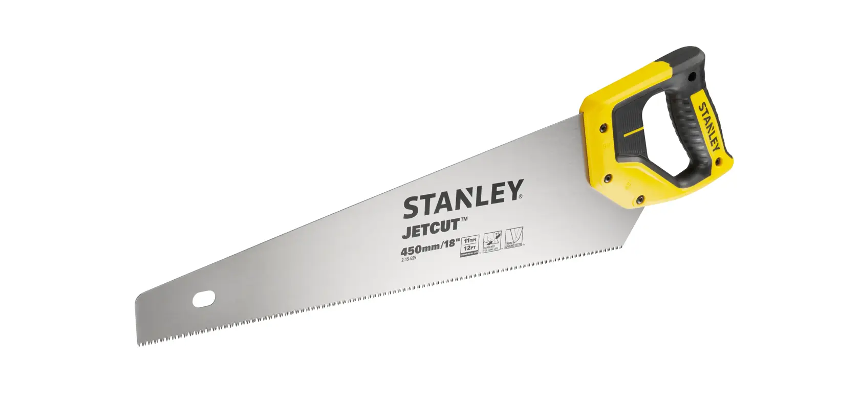 Photo of STANLEY 2-15-595 hand saw with yellow and black handle, 450mm JetCut blade, side angle on white background.