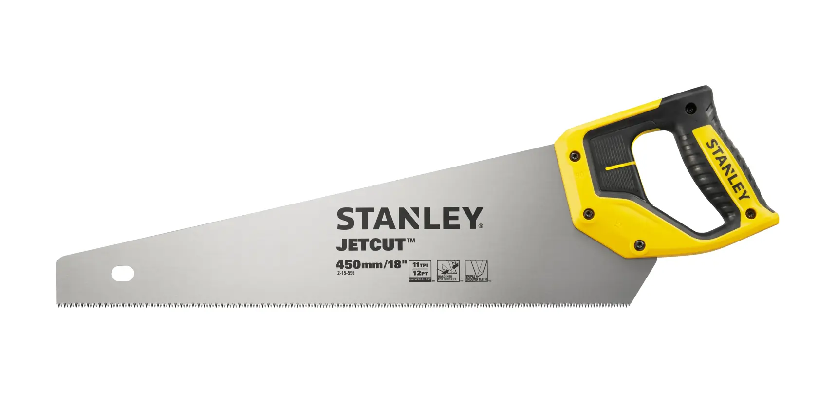 Stanley Jetcut hand saw with yellow and black handle, 450mm blade, shown against a white background.