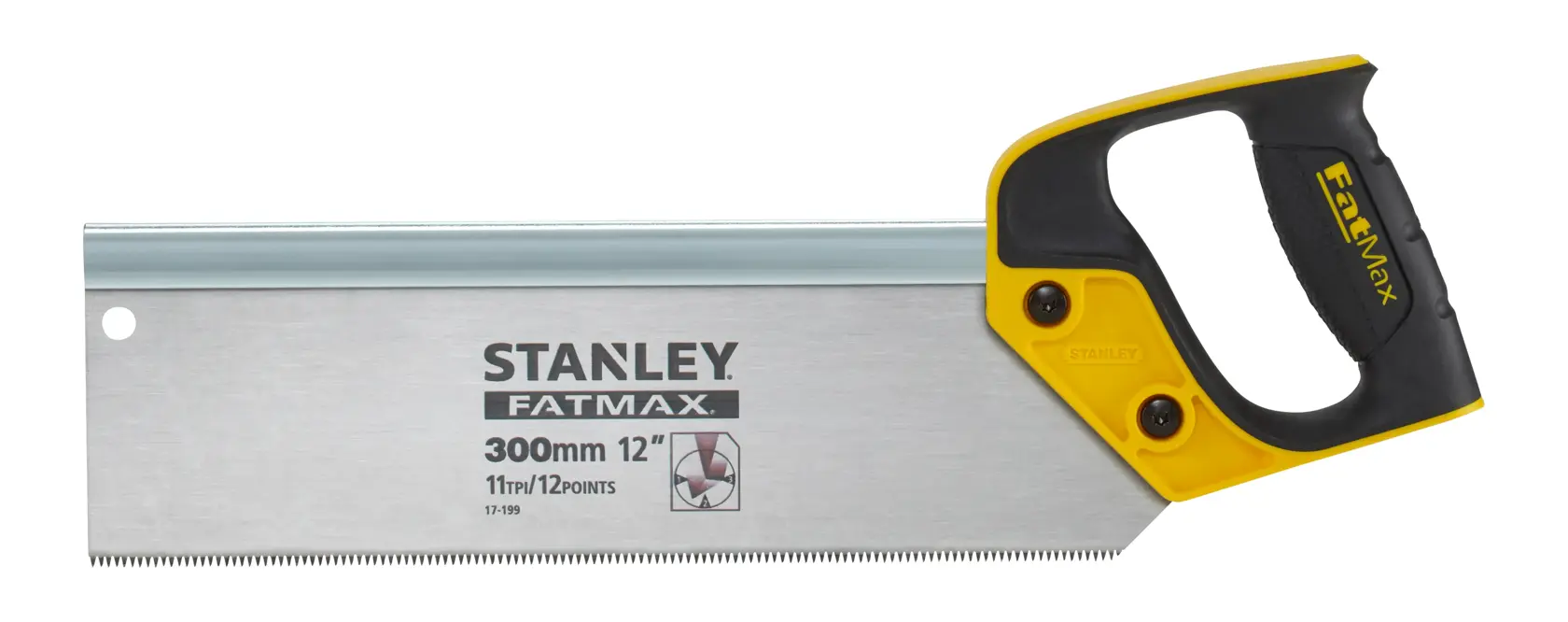 STANLEY 2-17-199 photography of FatMax 300mm back saw with yellow and black handle, side angle on white background.