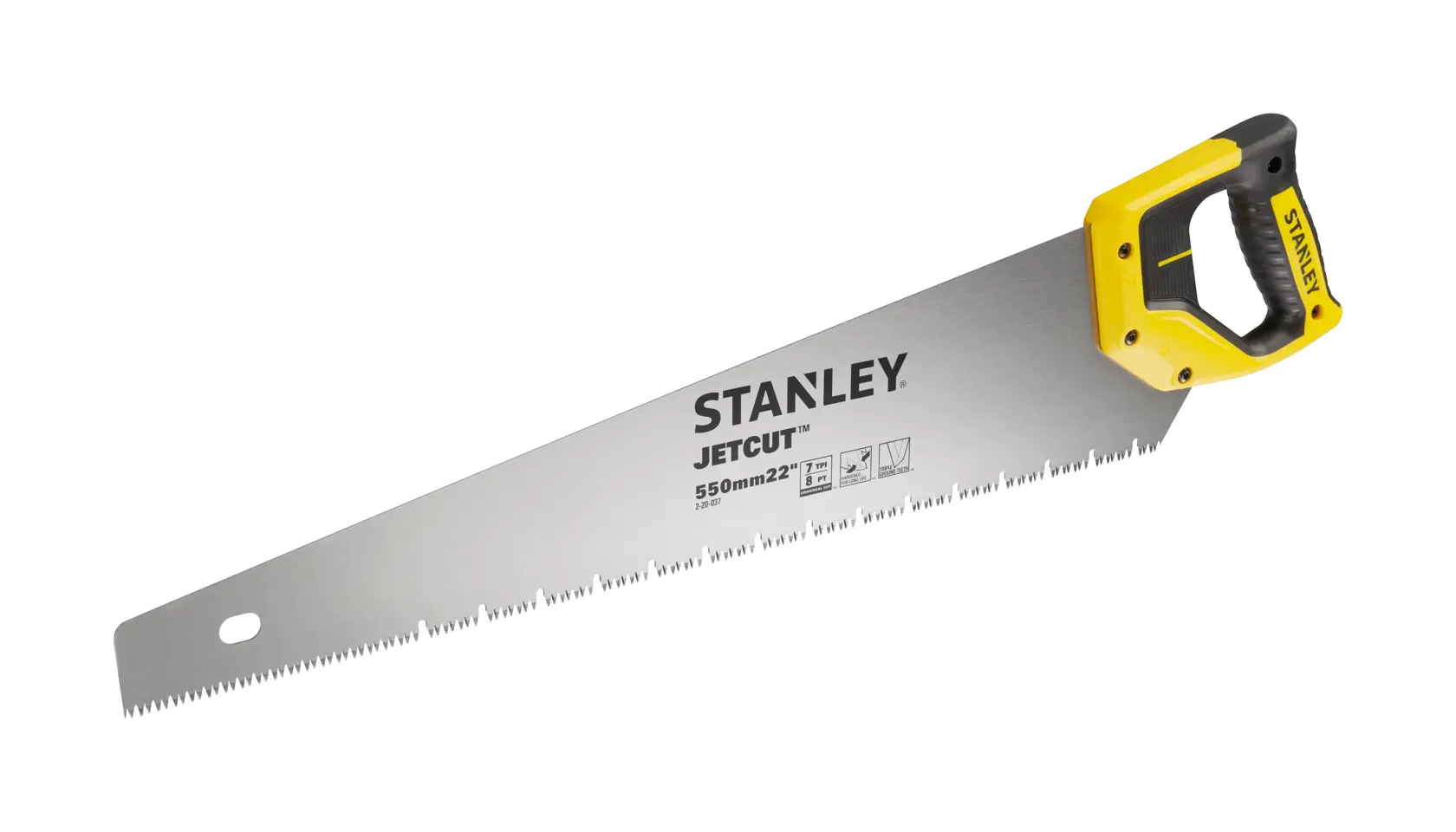 STANLEY 2-20-037 Handsäge mit gelb-schwarzem Griff, Seitenansicht, weißer Hintergrund.