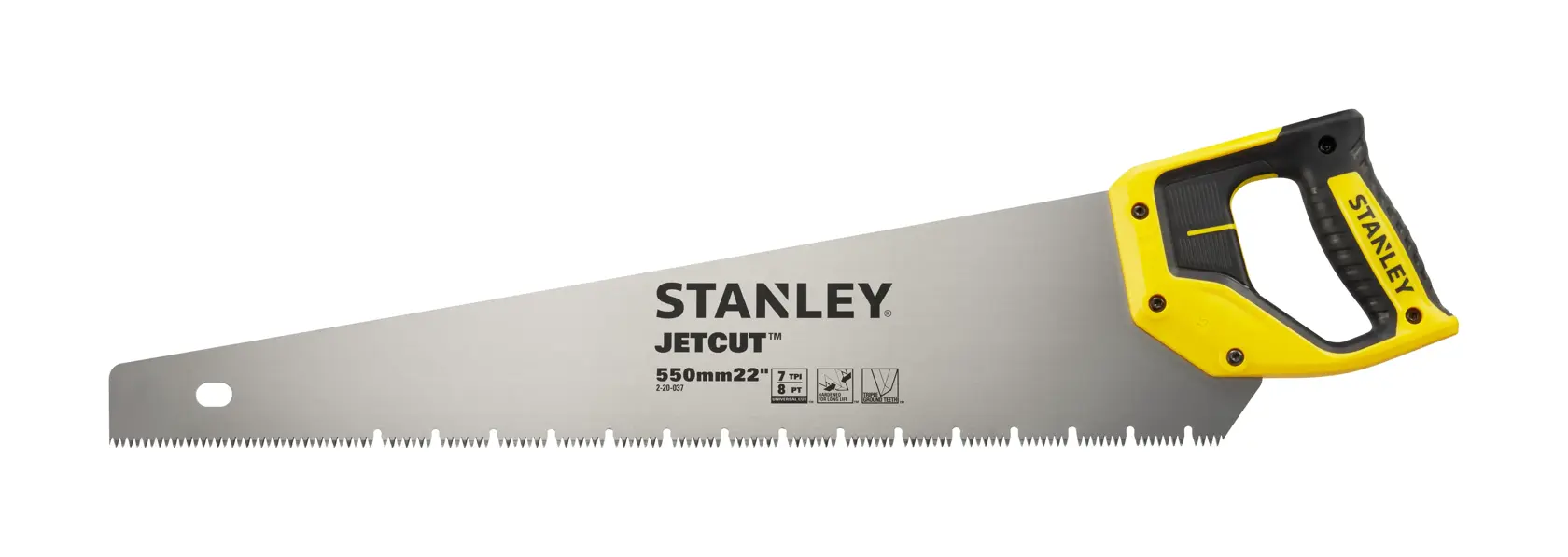 Stanley JetCut Handsäge mit gelb-schwarzem Griff, 550mm Klinge, zum Holzsägen.