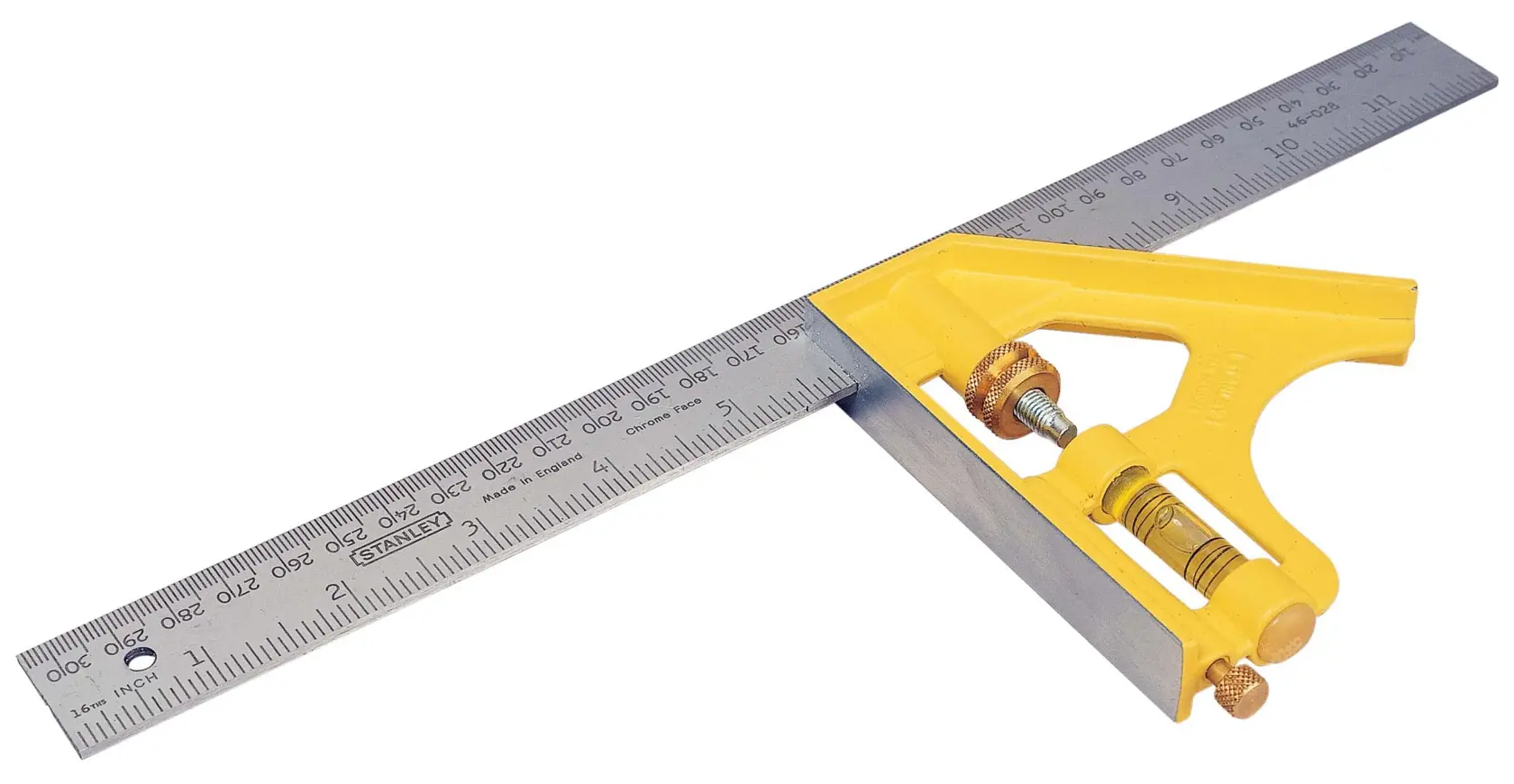 STANLEY 2-46-028 combination square with yellow handle and metal ruler, front angle photo.