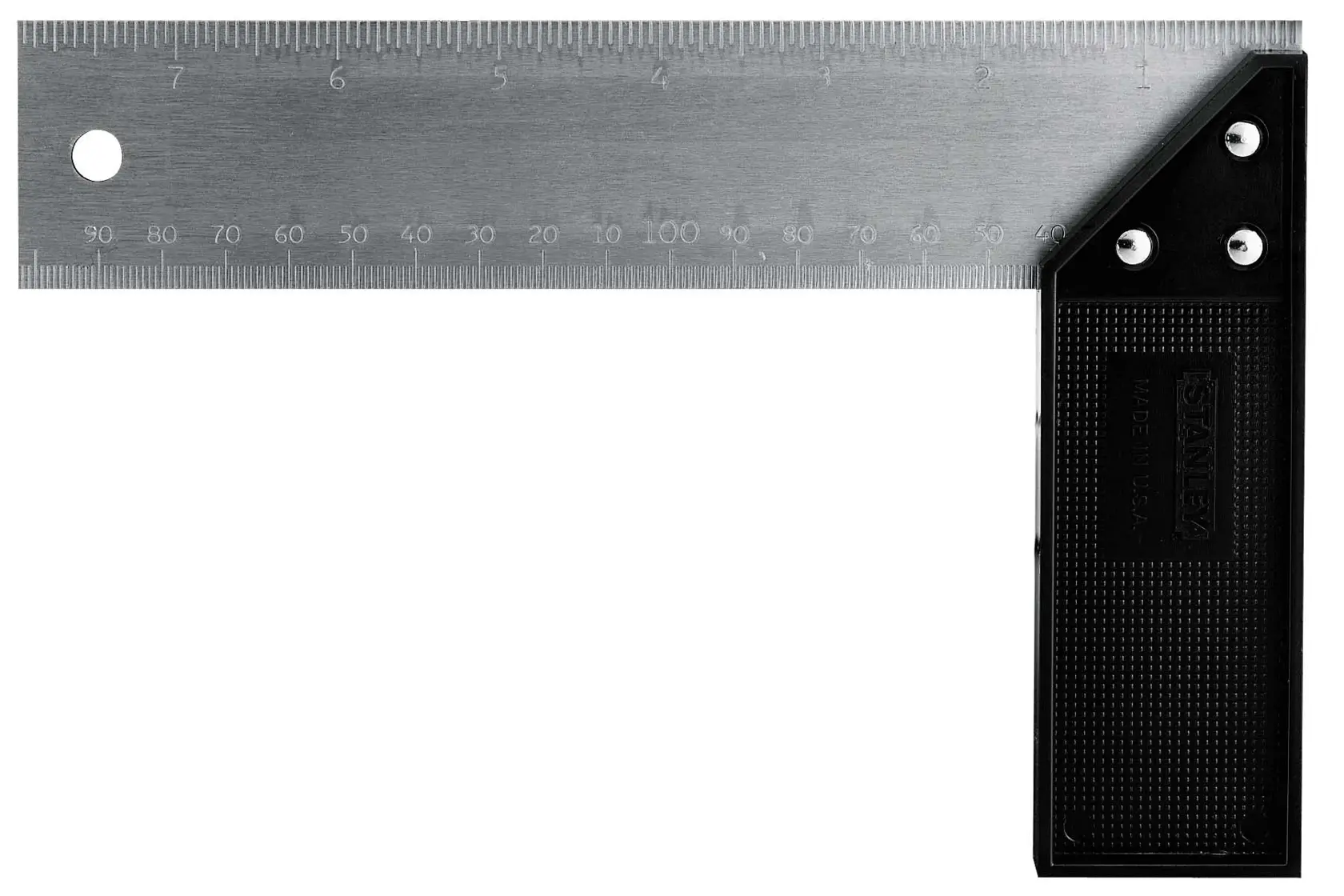 STANLEY 2-46-500 photography of a steel carpenter's square with black handle, top view on white background.