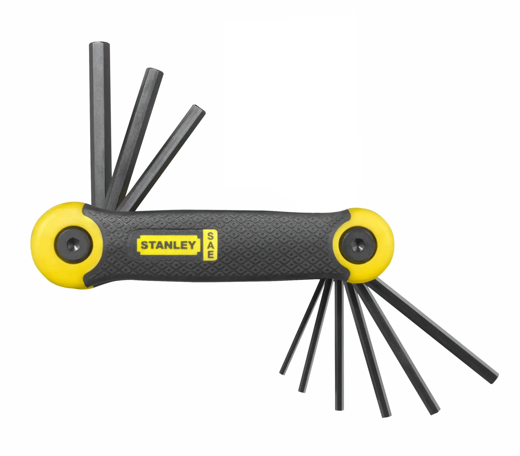 Stanley folding hex key set with ergonomic handle and multiple sizes extended. Black keys, yellow accents.
