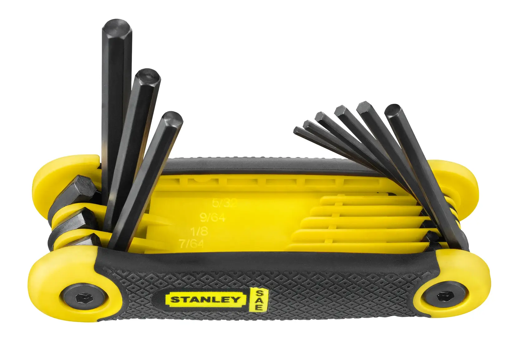 STANLEY yellow and black folding hex key set with multiple sizes extended for use.