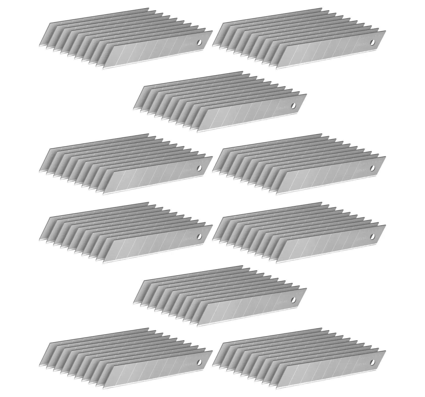 STANLEY 3-11-301 utility knife replacement blades, photography, side angle, packs of segmented silver blades on white.