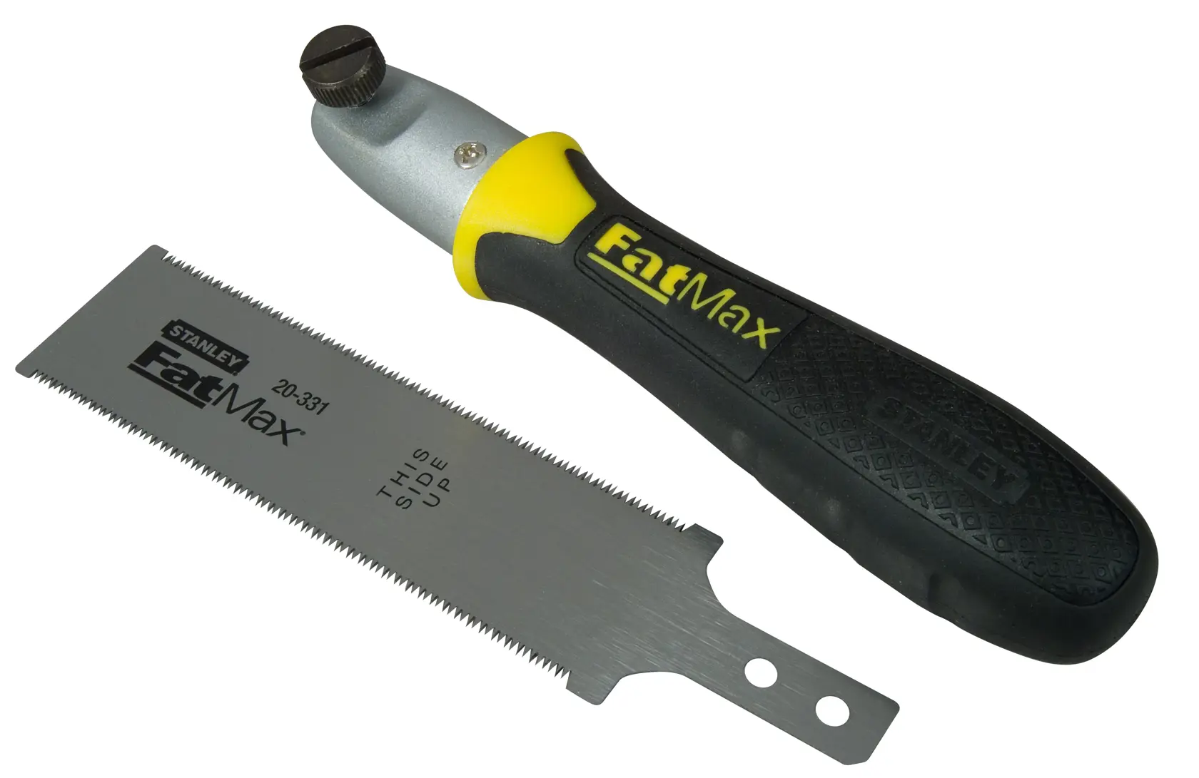 Stanley FatMax saw with replaceable blade, black handle and yellow accents, shown disassembled.