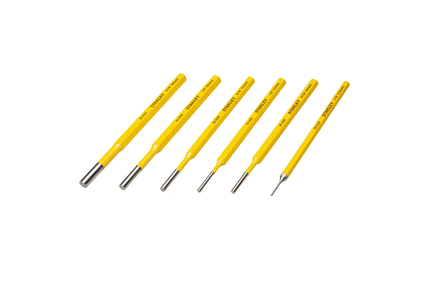 Photo of STANLEY 4-18-226 yellow handled pin punch tool set, six pieces on white background.