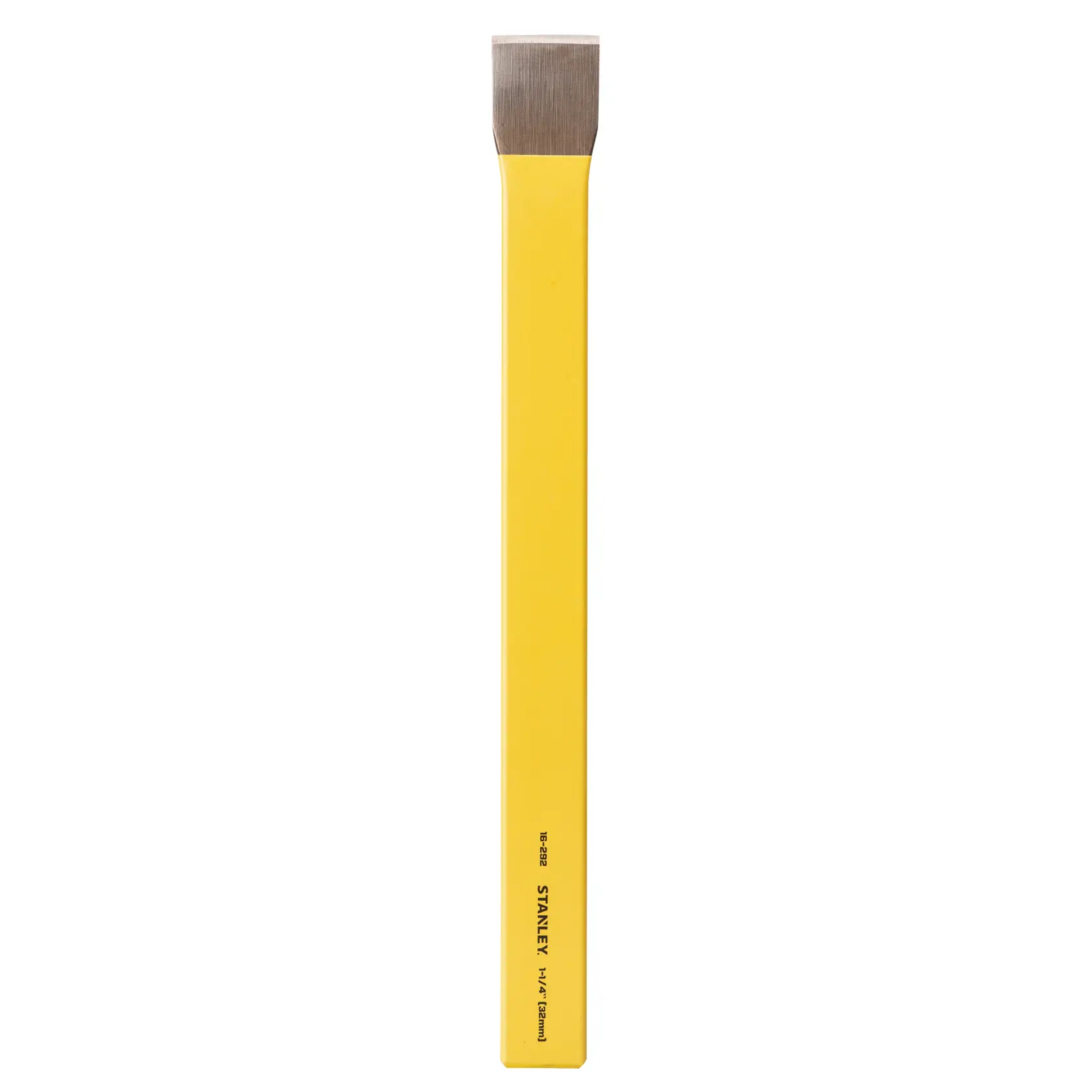 STANLEY 4-18-292 flat cold chisel with yellow handle, front view on white background.