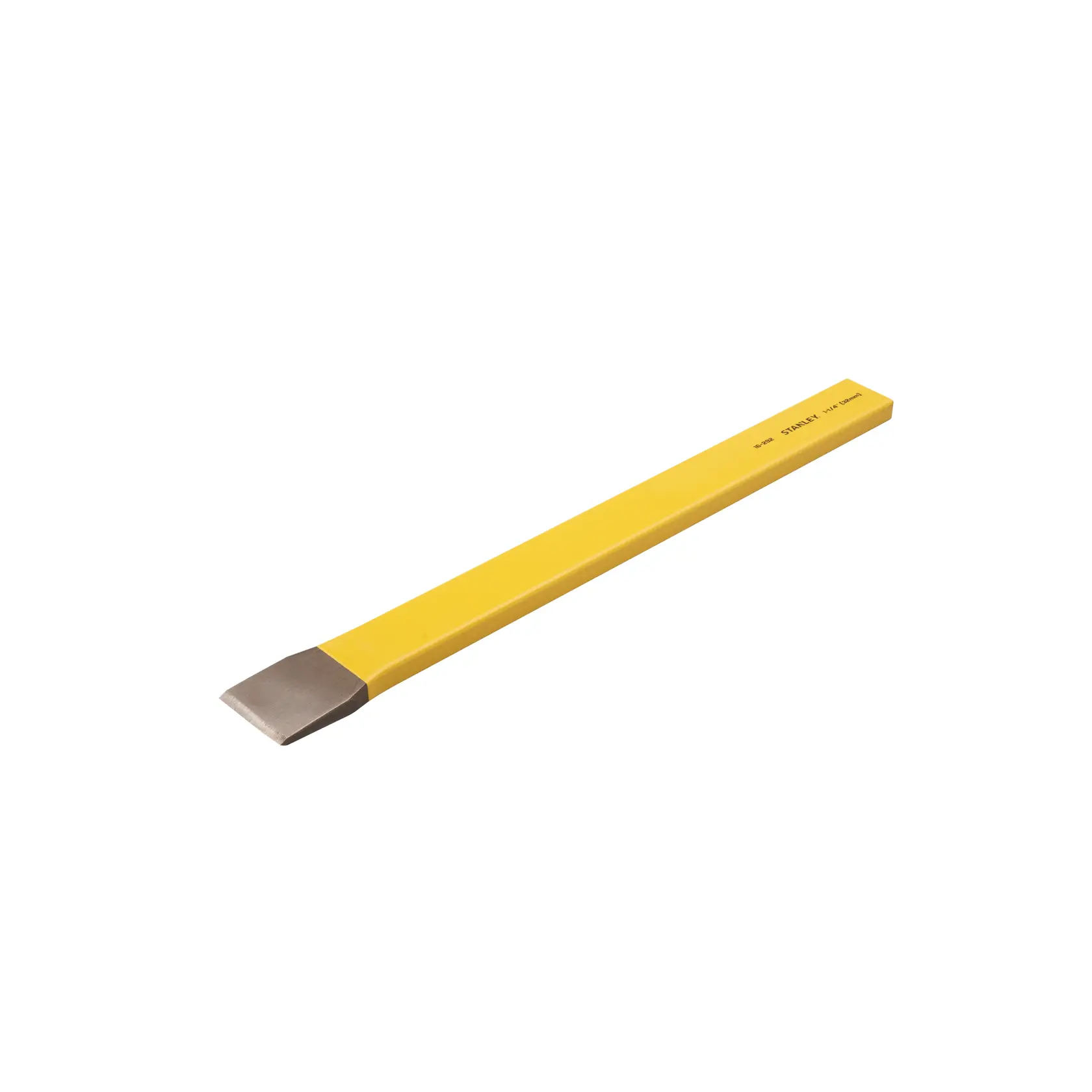 STANLEY 4-18-292 yellow cold chisel, angled view, metal tip and yellow body, photography on white background.