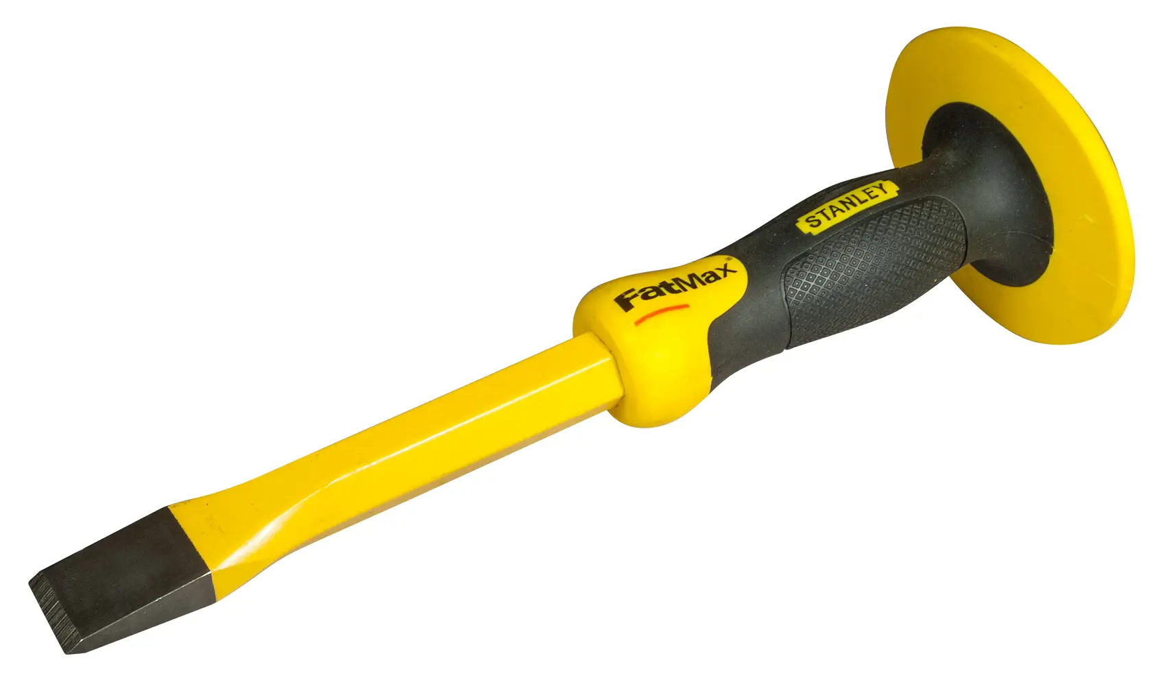 STANLEY 4-18-332 FatMax chisel with yellow and black handle, photographed from side on white background.