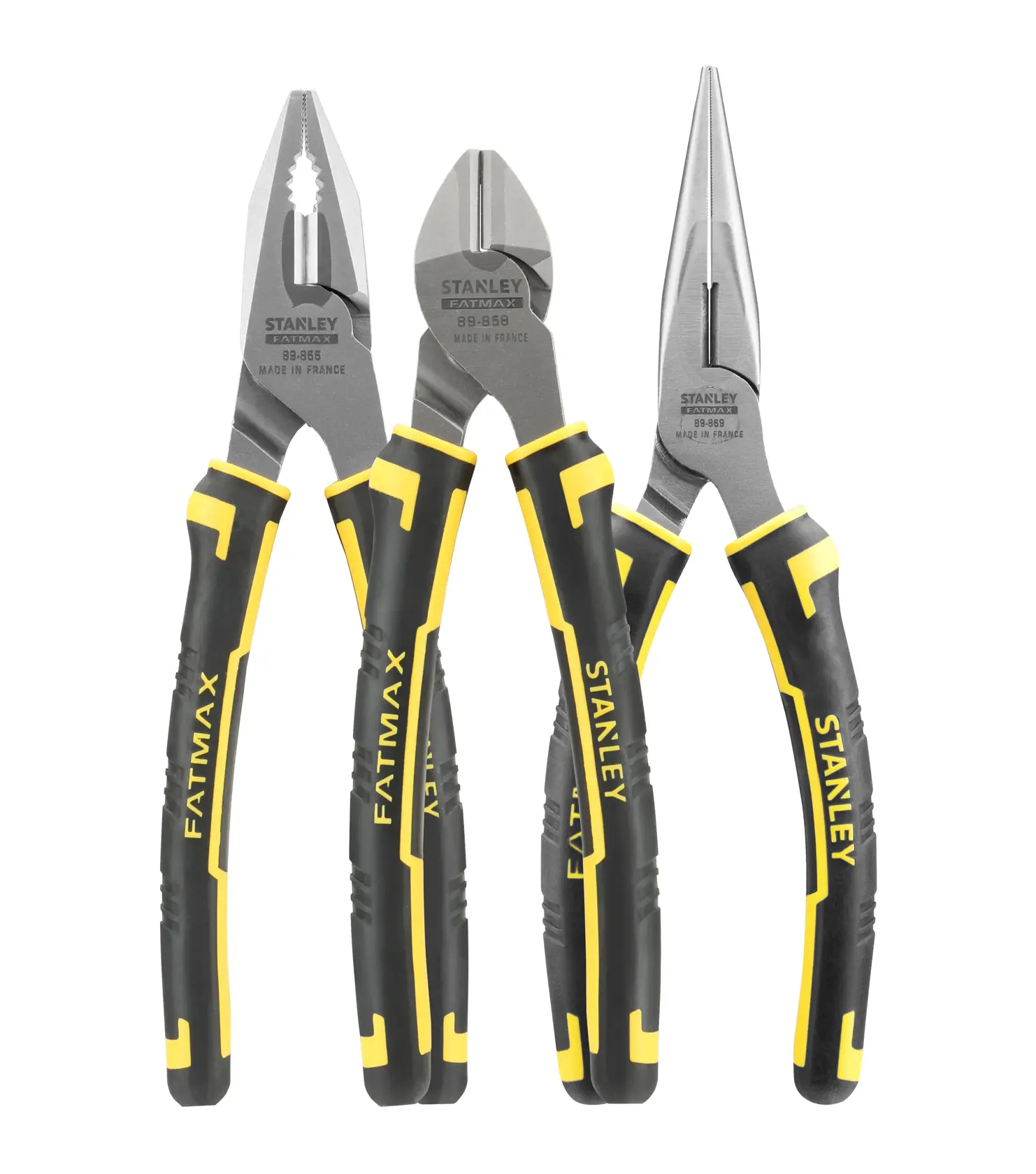 Set of three STANLEY FatMax pliers with black and yellow handles, suitable for gripping, cutting, and bending.
