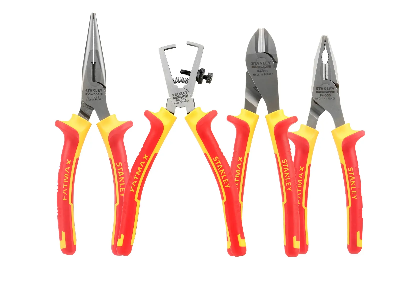 STANLEY 4-84-489 pliers set with red and yellow handles, front view on white background.