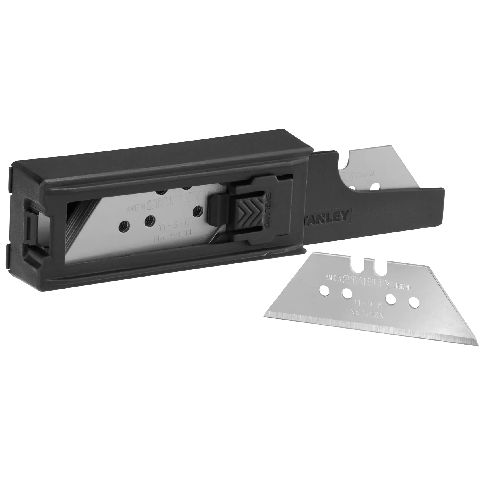 STANLEY 6-11-916 utility blade pack with dispenser case and loose blades, front angle on white background.