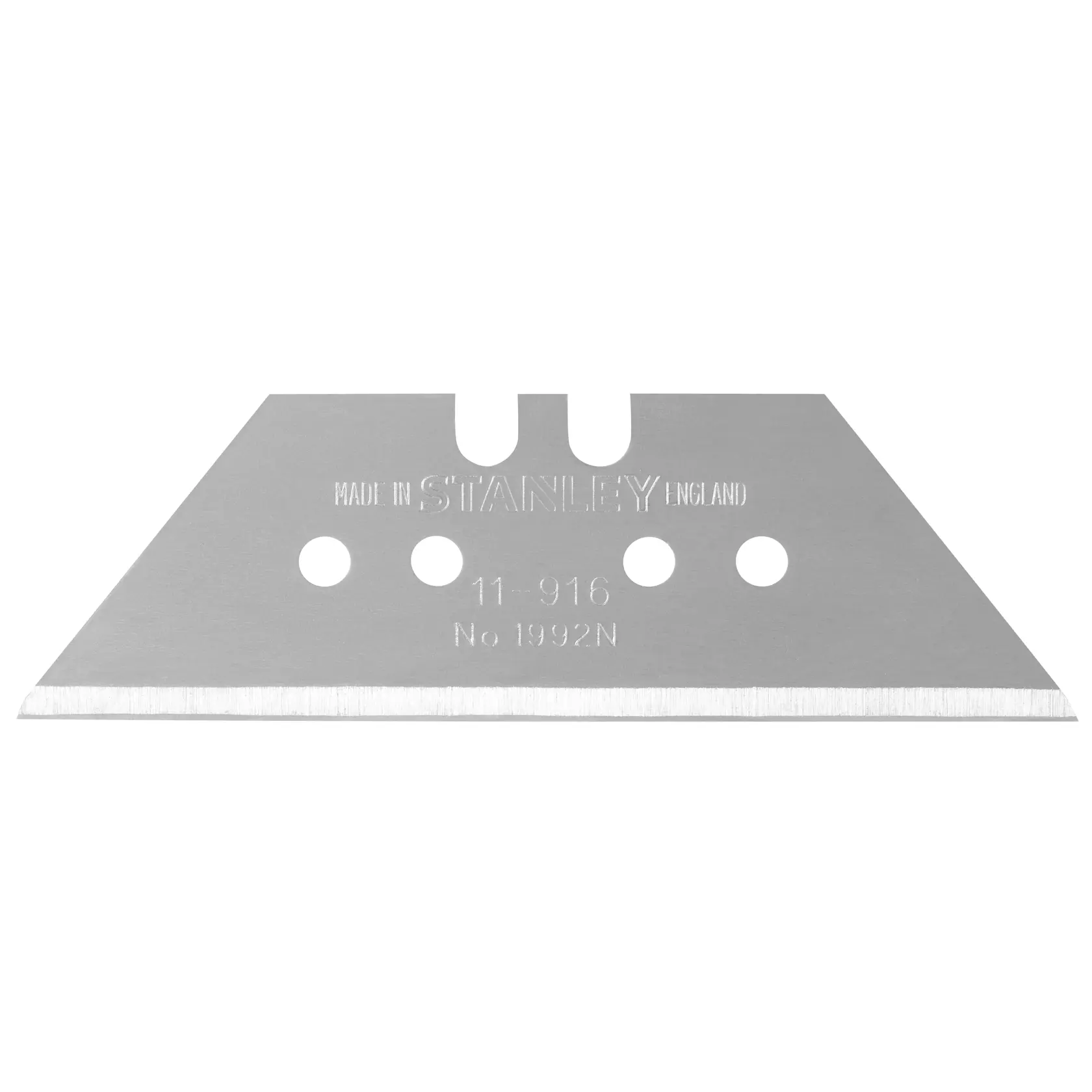 STANLEY 6-11-916 utility knife blade, silver, straight edge, front angle, photography on white background.