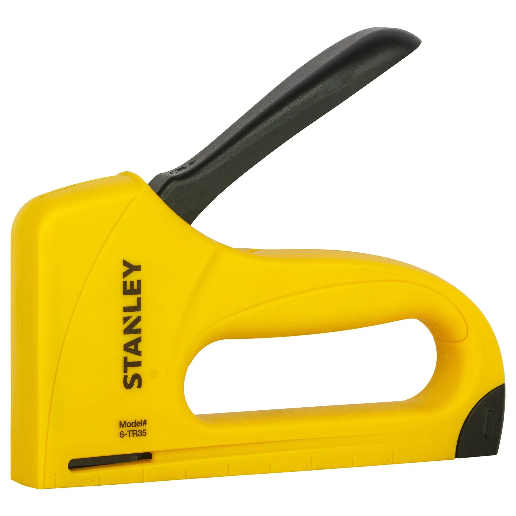 STANLEY 6-TR35 yellow staple gun side view with black handle, photography on white background.