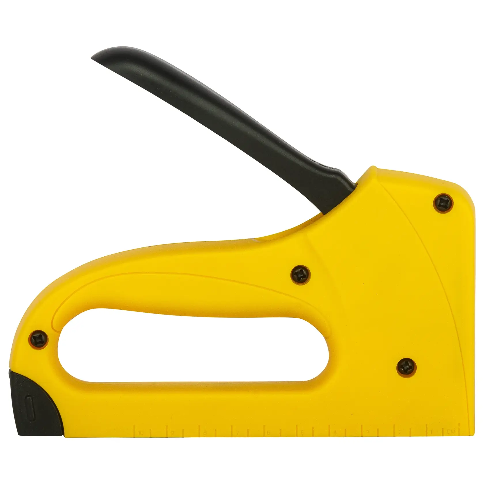 Photo of STANLEY 6-TR35 yellow staple gun, side view, black handle, for light-duty stapling tasks.