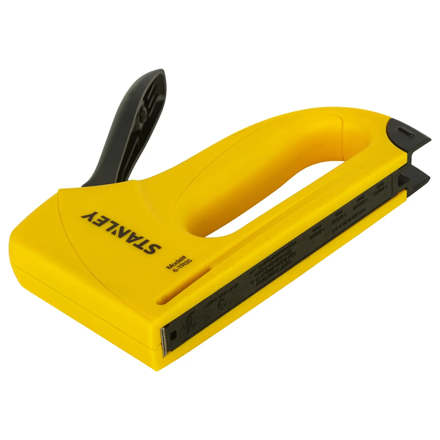 STANLEY 6-TR35 yellow manual stapler, side angle view, with black handle, photography product image.