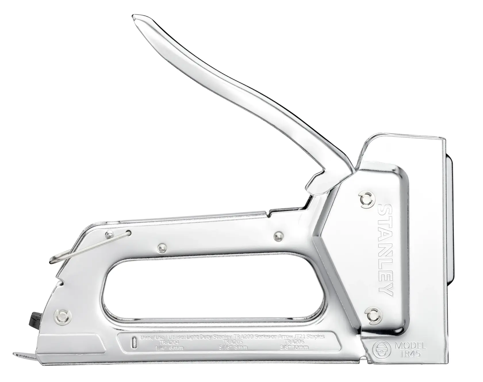 STANLEY 6-TR45 leichter Tacker aus silbernem Metall, Seitenansicht auf weißem Hintergrund.