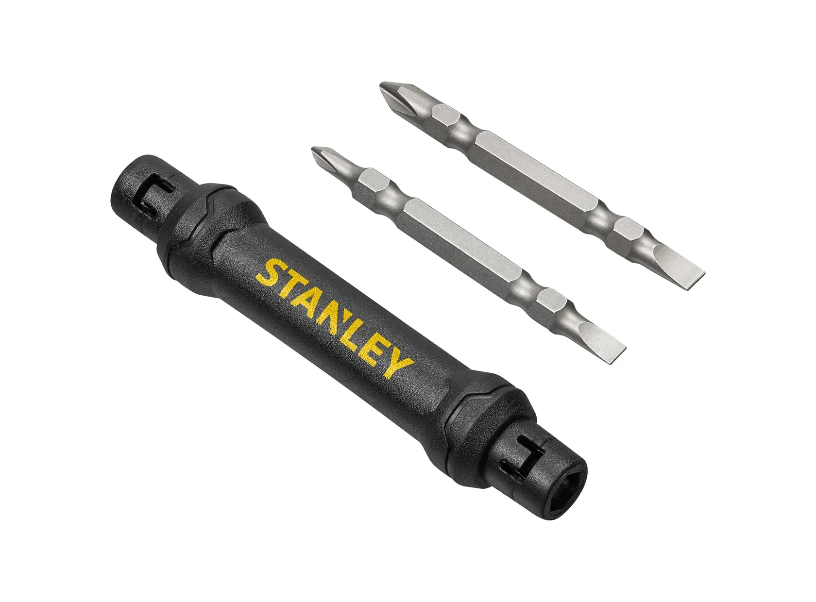 STANLEY 66-344M black double-ended screwdriver handle with two double-ended screwdriver bits, top view.